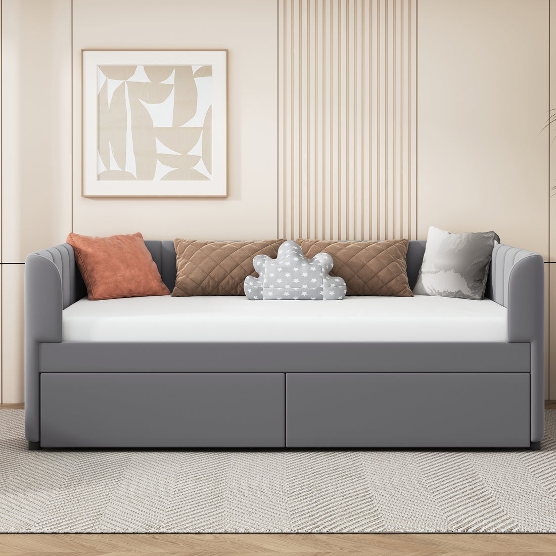 Twin Size Upholstered Daybed With Ergonomic Design Backrest And 2 Drawers, Gray Gray Velvet