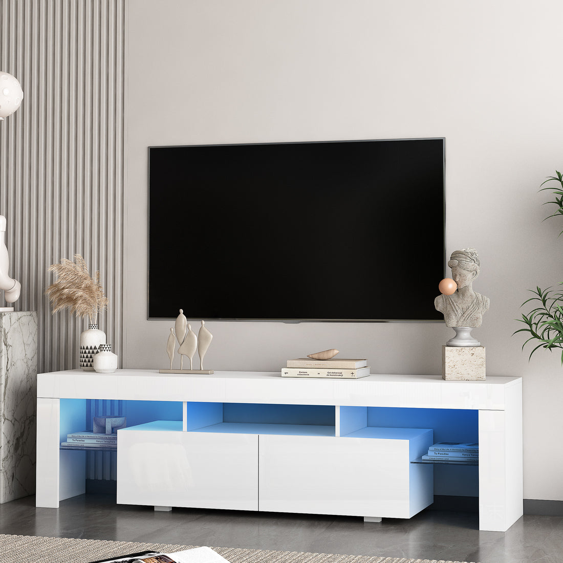 High Gloss Tv Stand With Led Lights For Tvs Up To 65'', Modern Tv Console With Storage Cabinets For Living Room White 60 69 Inches Mdf