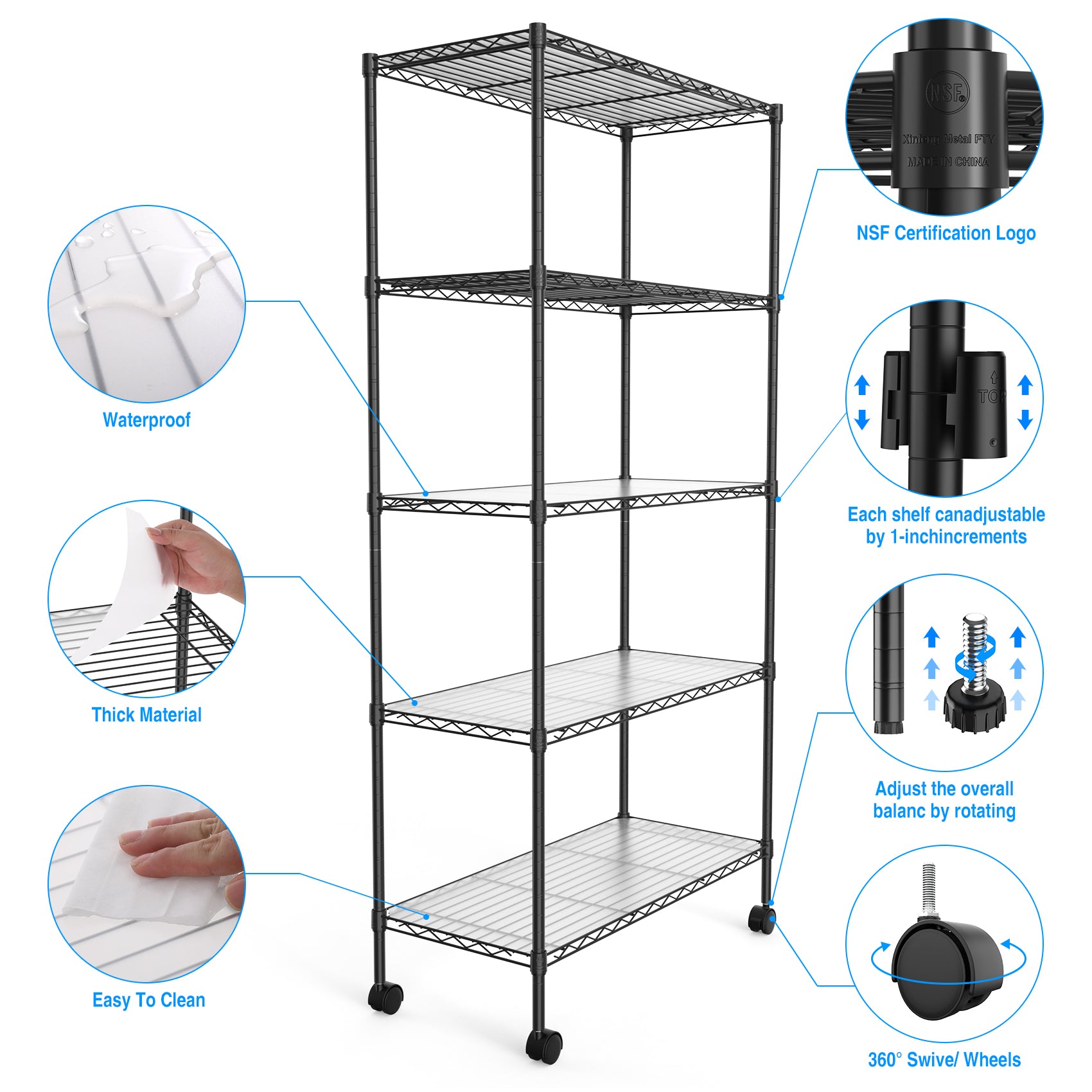 2 Pack 5 Tier Shelf Wire Shelving Unit, Nsf Heavy Duty Wire Shelf Metal Large Storage Shelves Height Adjustable Utility For Garage Kitchen Office Commercial Shelving Steel Layer Shelf Black Black Iron Plastic