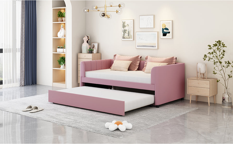 Twin Size Upholstered Daybed With Ergonomic Design Backrest And Trundle, Pink Pink Velvet