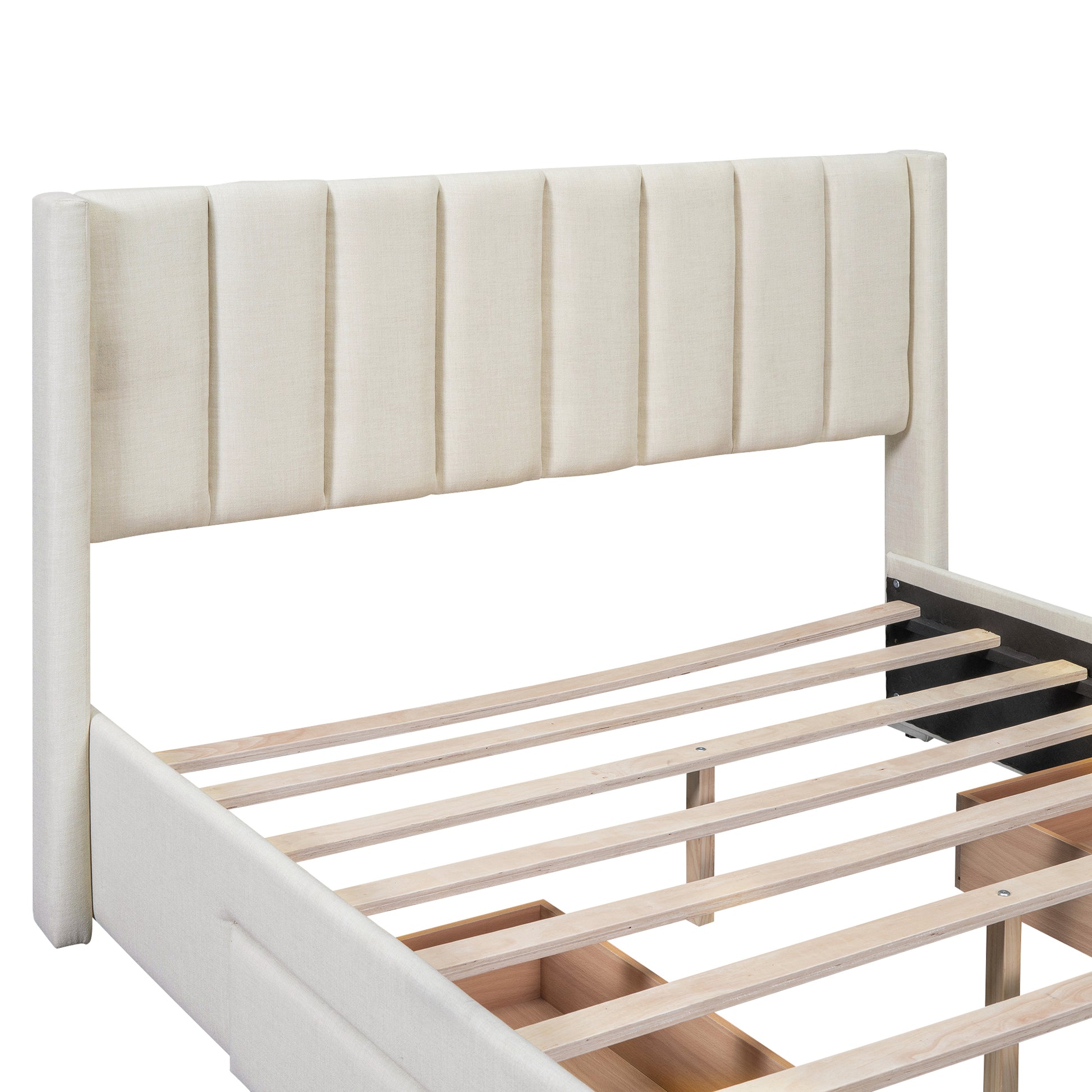 Queen Size Upholstered Platform Bed With One Large Drawer In The Footboard And Drawer On Each Side,Beige Box Spring Not Required Queen Beige Wood Bedroom Bed Frame Linen Upholstered