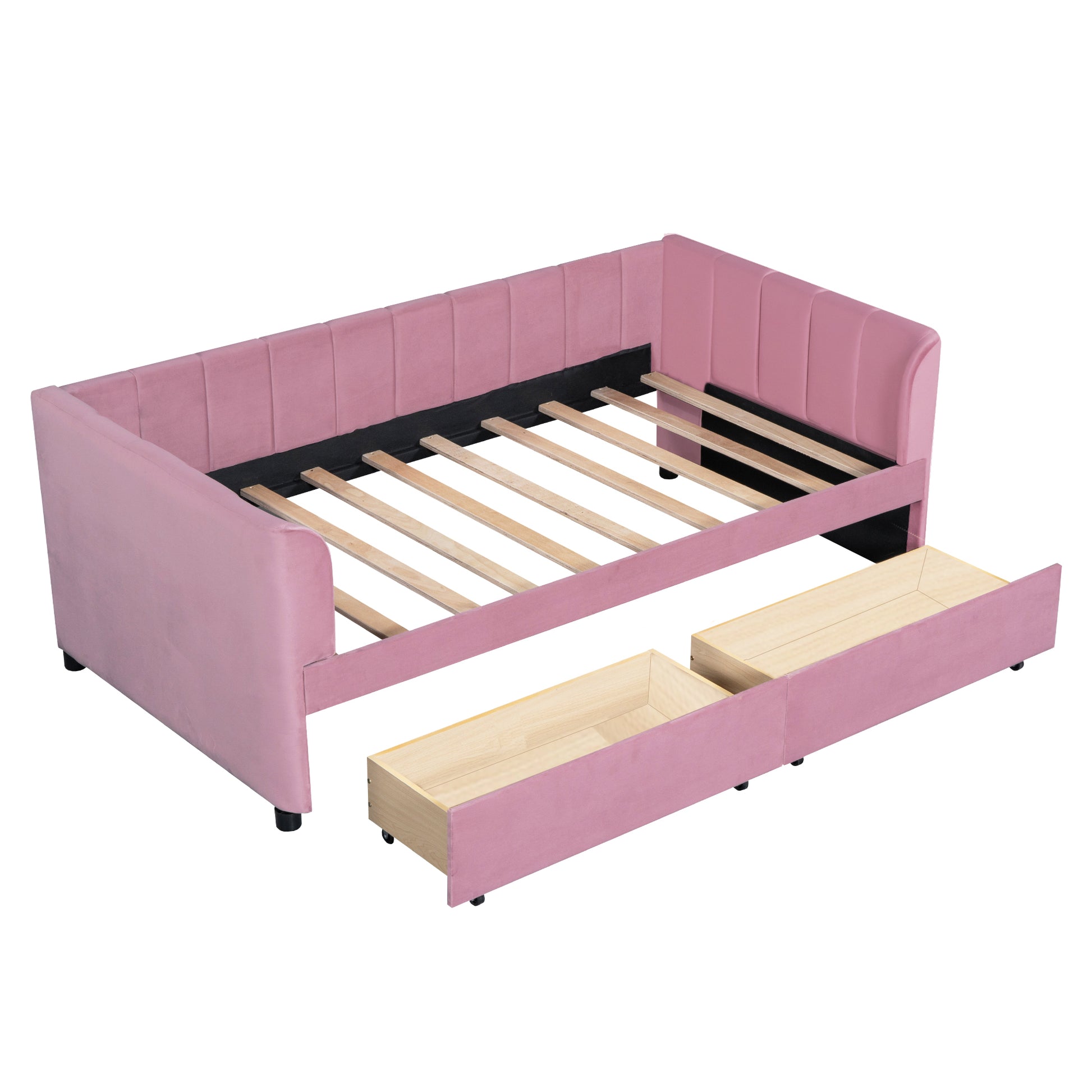 Twin Size Upholstered Daybed With Ergonomic Design Backrest And 2 Drawers, Pink Pink Velvet