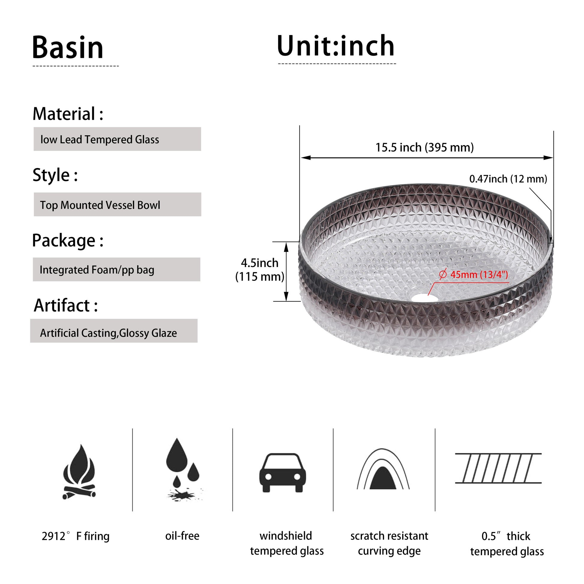 Diamond Shape Bathroom Crystal Glass Vessel Sink, Bathroom Countertop Basin Transparent Gradient Black Grey Grey White Modern Glass