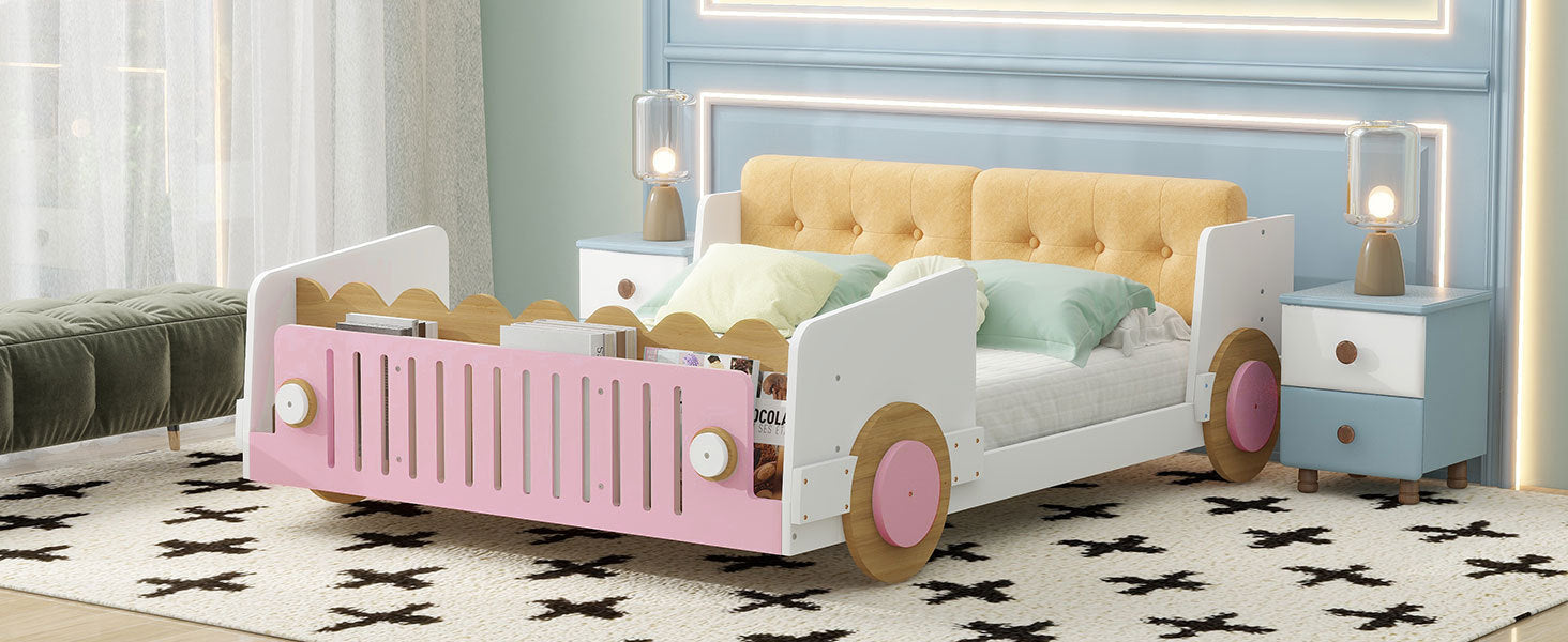 Full Size Car Shaped Platform Bed With Soft Cushion And Shelves On The Footboard, White White Pine