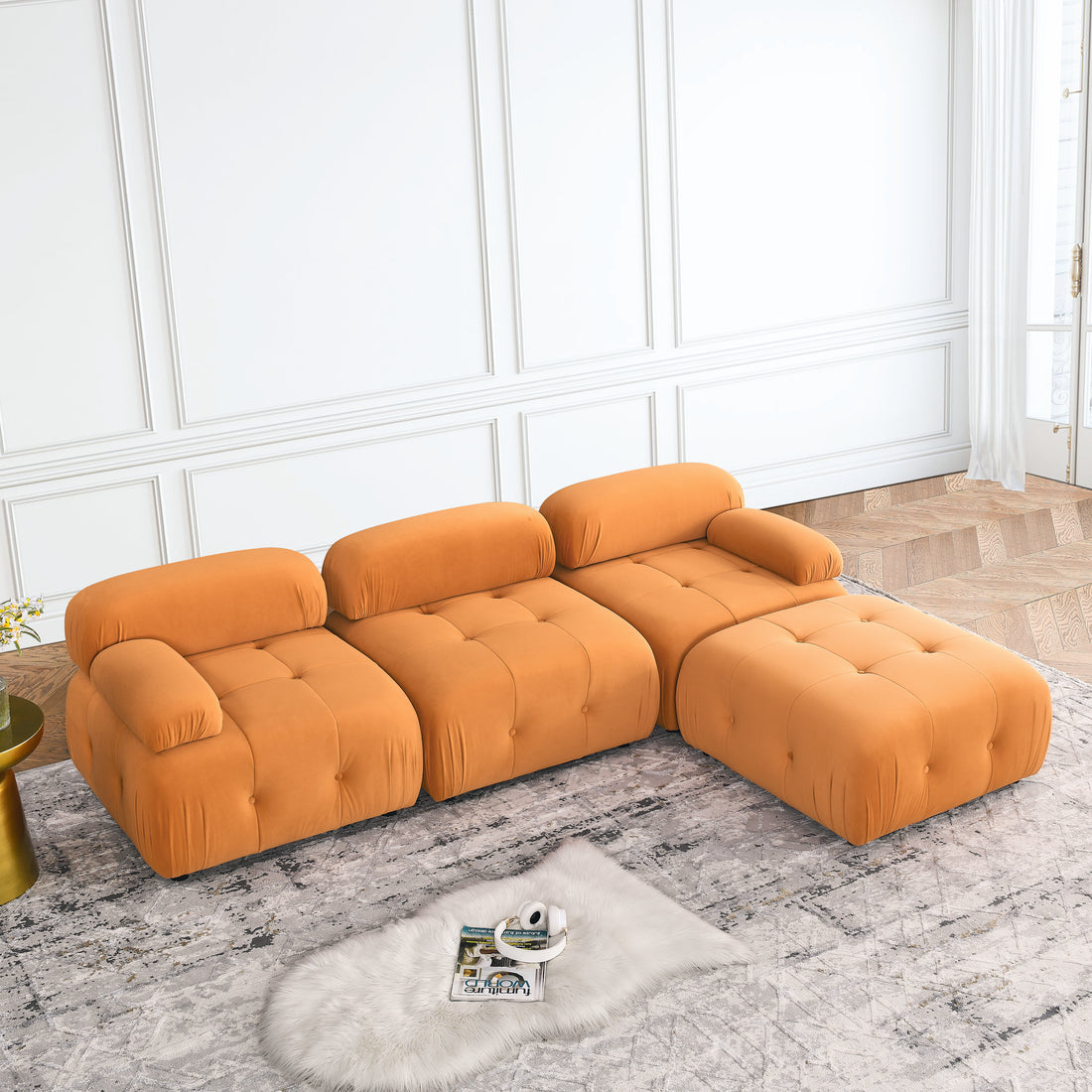 Modular Sectional Sofa, Button Tufted Designed And Diy Combination,L Shaped Couch With Reversible Ottoman, Orange Velvet Orange Velvet Wood Soft Tight Back Eucalyptus Pillow Top Arms Foam Spring