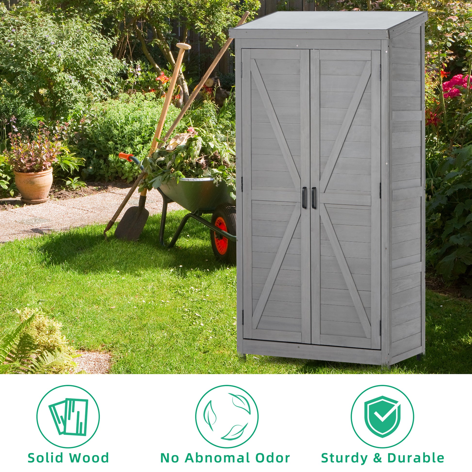 Outdoor Storage Cabinet And Metal Top,Garden Storage Shed,Outdoor 68 Inches Wood Tall Shed For Yard And Patio Gray Solid Wood