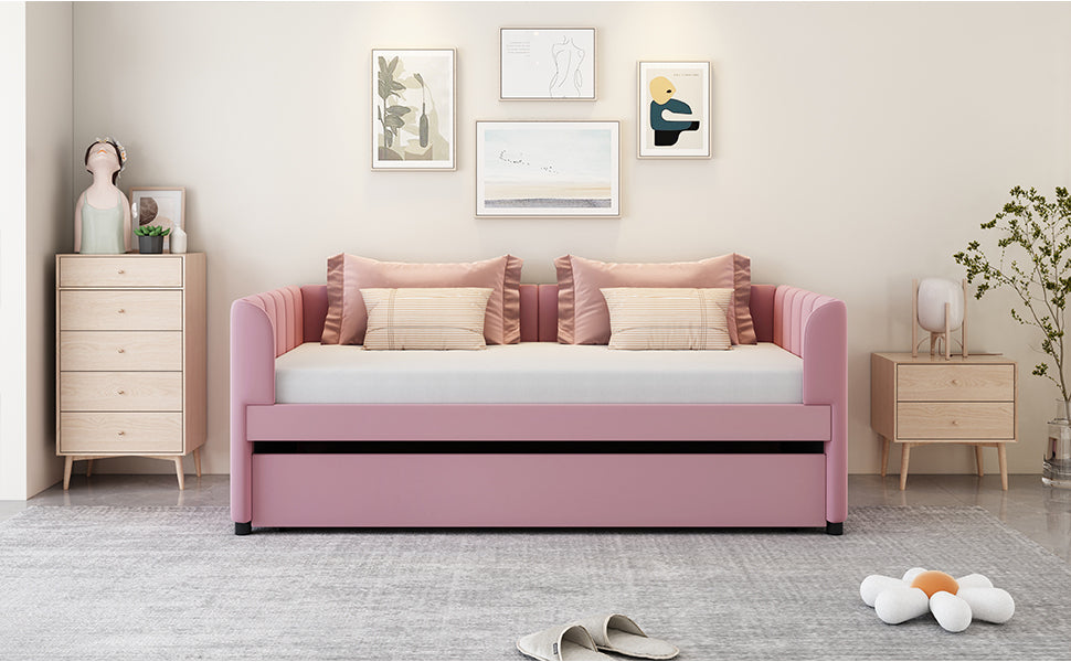 Twin Size Upholstered Daybed With Ergonomic Design Backrest And Trundle, Pink Pink Velvet