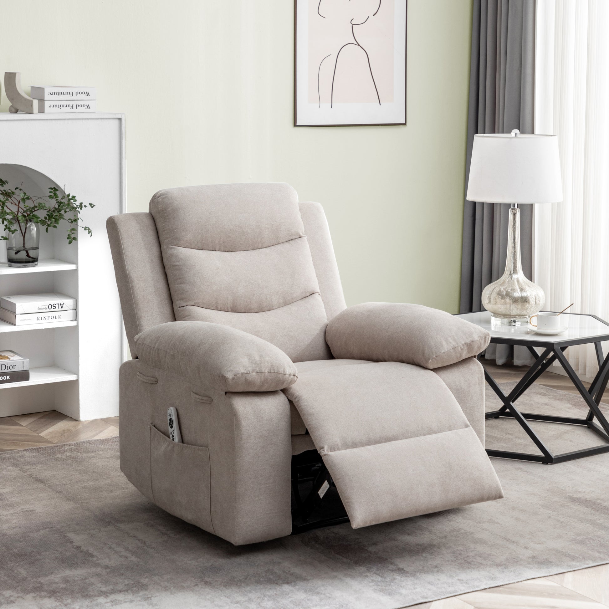 Power Recliner Chair With Adjustable Massage Function, Velvet Electric Power Chair For Elderly With One Side Pockets, Recliner Chair With Heating System For Living Room,Beige Beige Velvet