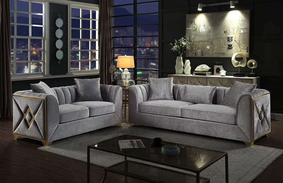 Velencia 2Pc Modern Living Room Set In Silver Silver Wood Primary Living Space Modern Upholstered Wood 5 Seat