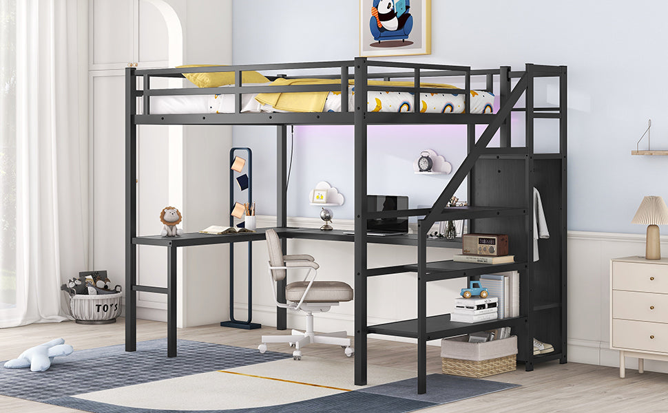 Full Size Loft Bed With L Shaped Desk And Usb, Metal Loft Bed With Wardrobe And Adjustable Shelf, High Loft Bed With Led For Kids Teens Adults, Black Black Metal