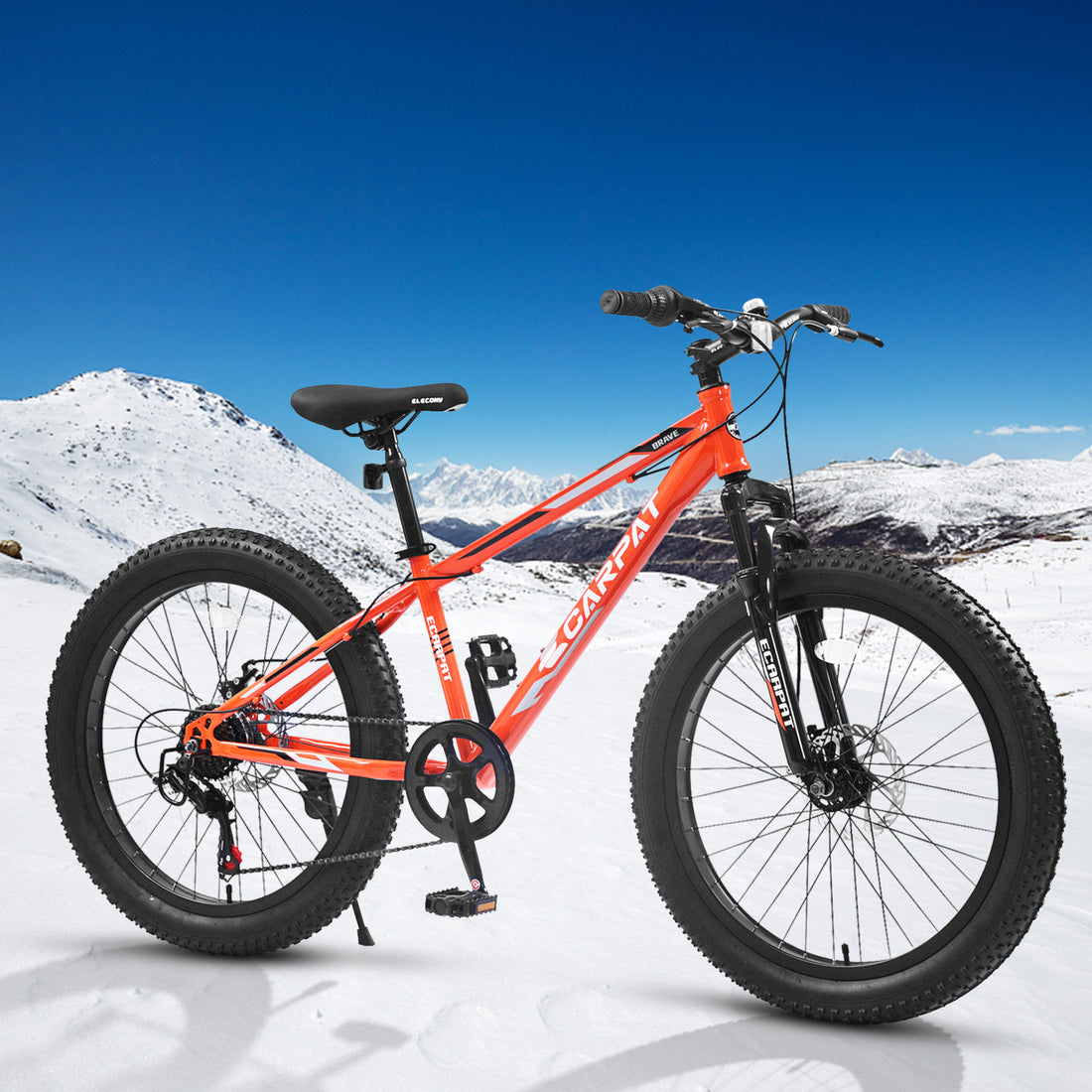 S24109 24 Inch Fat Tire Bike Adult Youth Full Shimano 7 Speeds Mountain Bike, Dual Disc Brake, High Carbon Steel Frame, Front Suspension, Mountain Trail Bike, Urban Commuter City Bicycle Cycling Orange Without Anti Slip Garden & Outdoor American Design