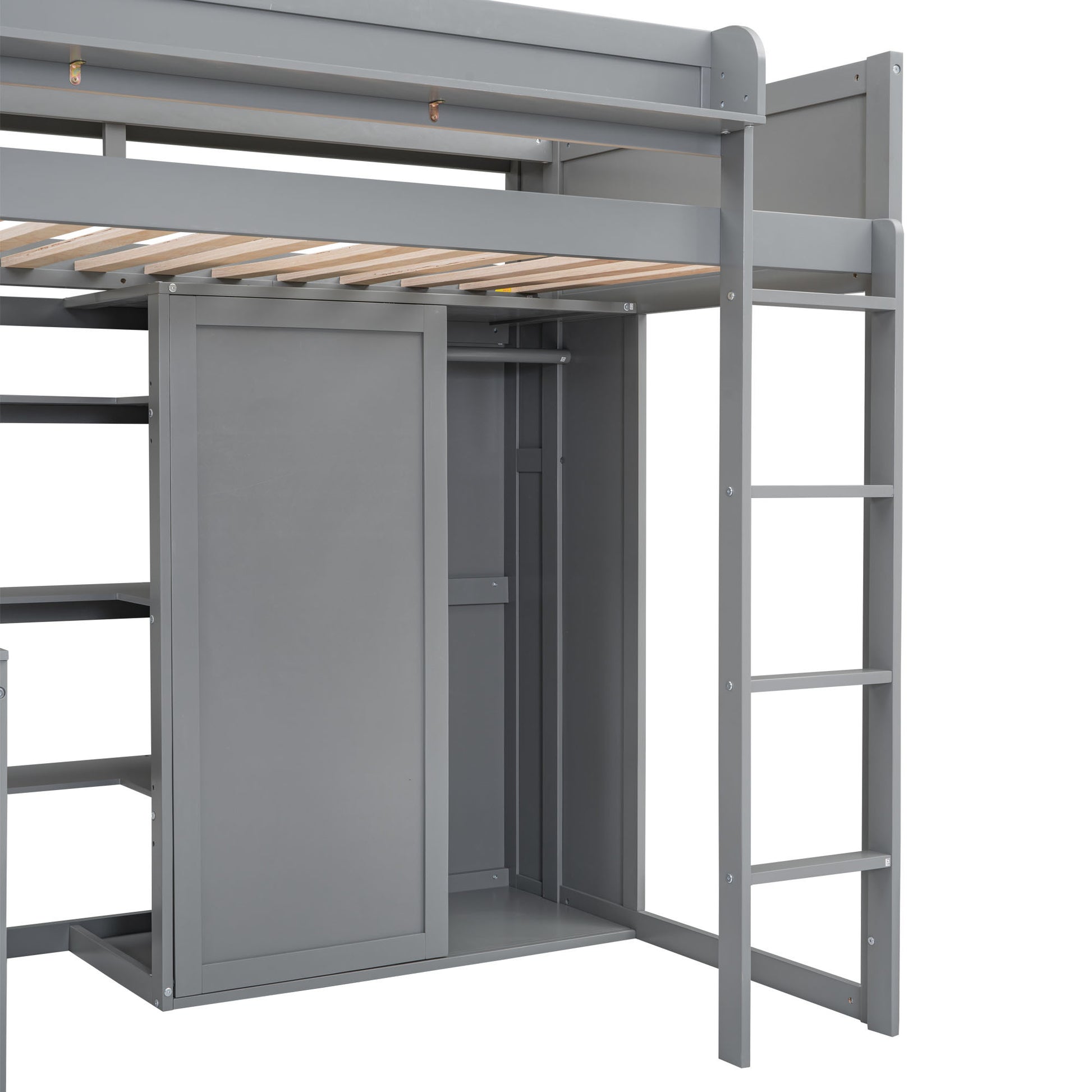 Wood Twin Size Loft Bed With Multiple Storage Shelves And Wardrobe, Gray Box Spring Not Required Twin Gray Wood Bedroom Solid Wood Mdf