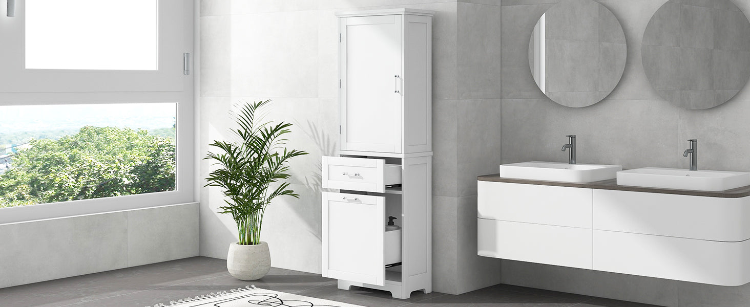 Tall Bathroom Storage Cabinet, Freestanding Storage Cabinet With Two Different Size Drawers And Adjustable Shelf, Mdf Board With Painted Finish, White White Mdf