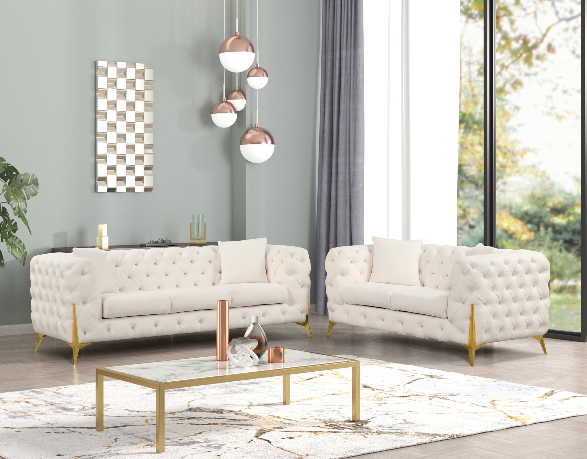 Contempo 2Pc Modern Living Room Set Made With Wood In Cream Cream Wood Primary Living Space Contemporary Faux Fur Wood