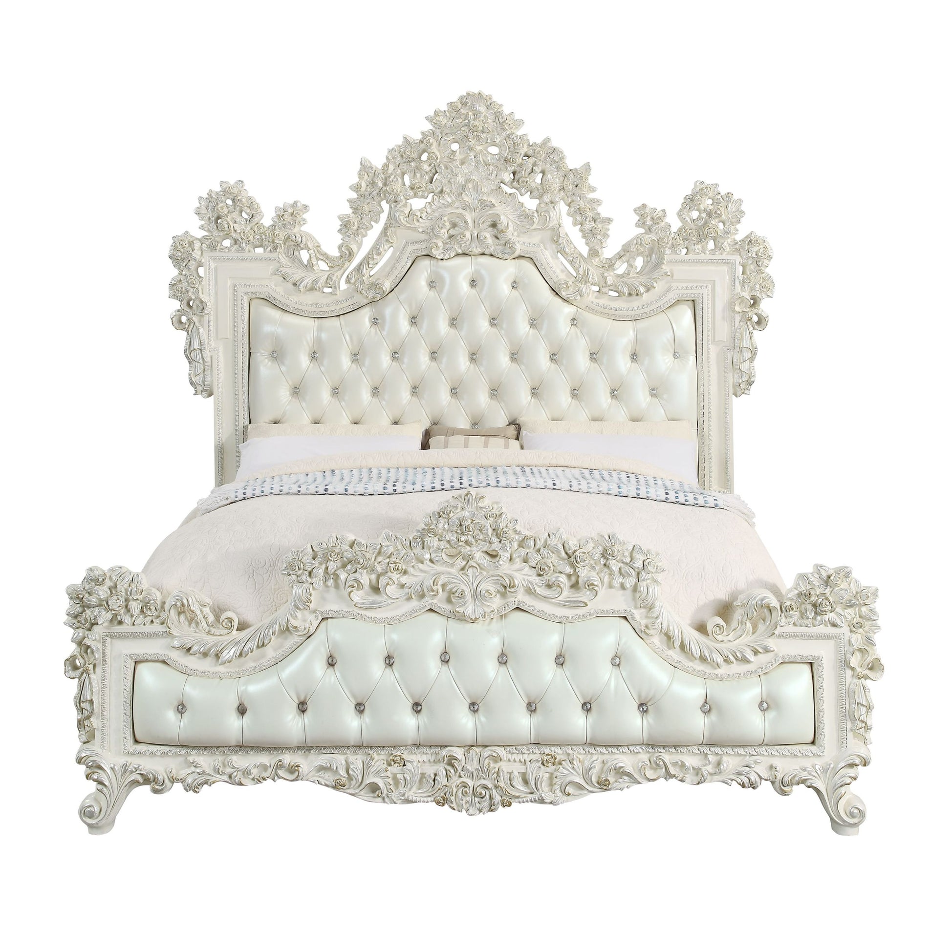 Adara Ek Bed Pearl White Pu & Antique White Finish Bd01248Ek Antique White Pu