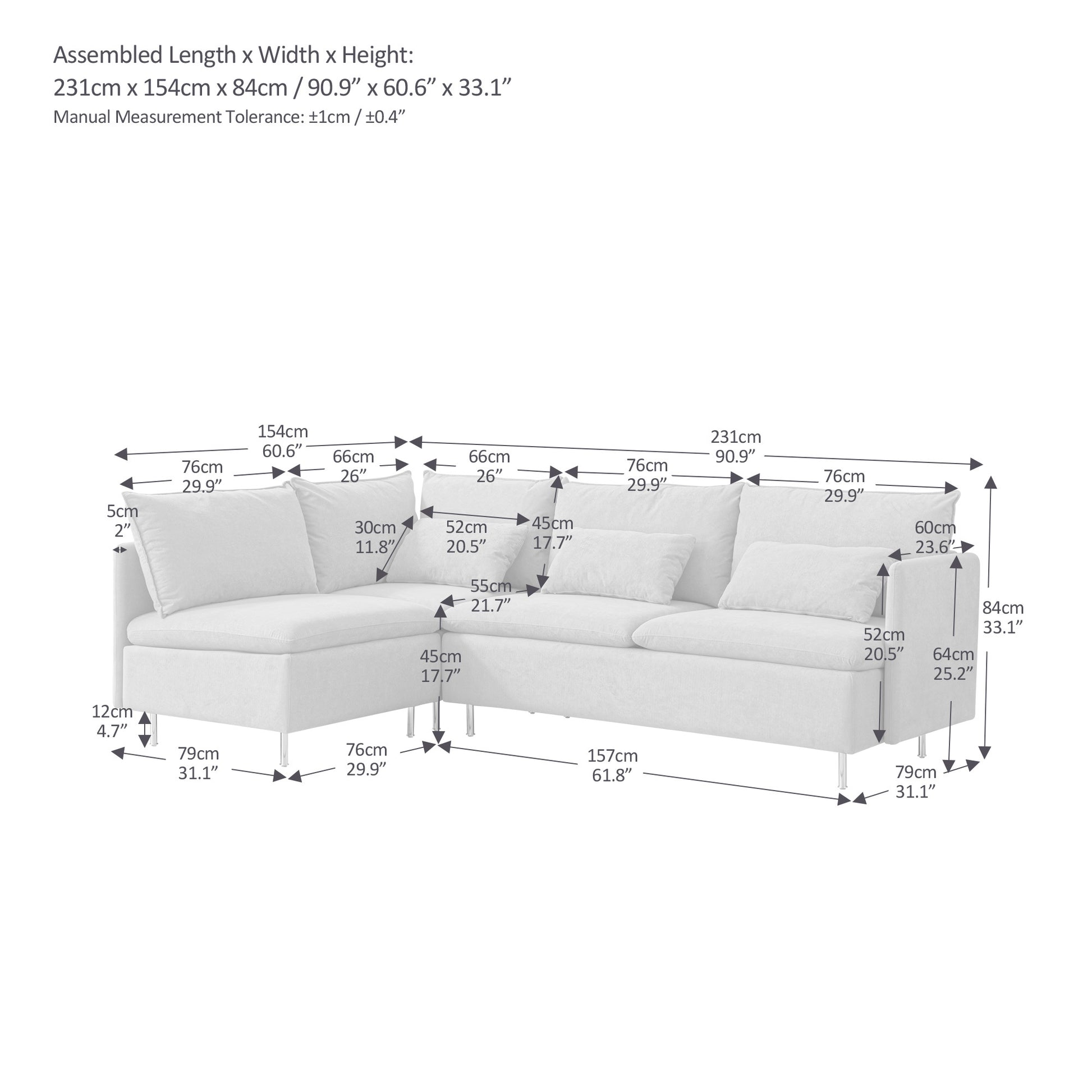 Modular L Shaped Corner Sofa, Movable Chaise Facing Left Right, Beige Cotton Linen 90.9 Inches Beige Foam Cotton Linen 3 Seat