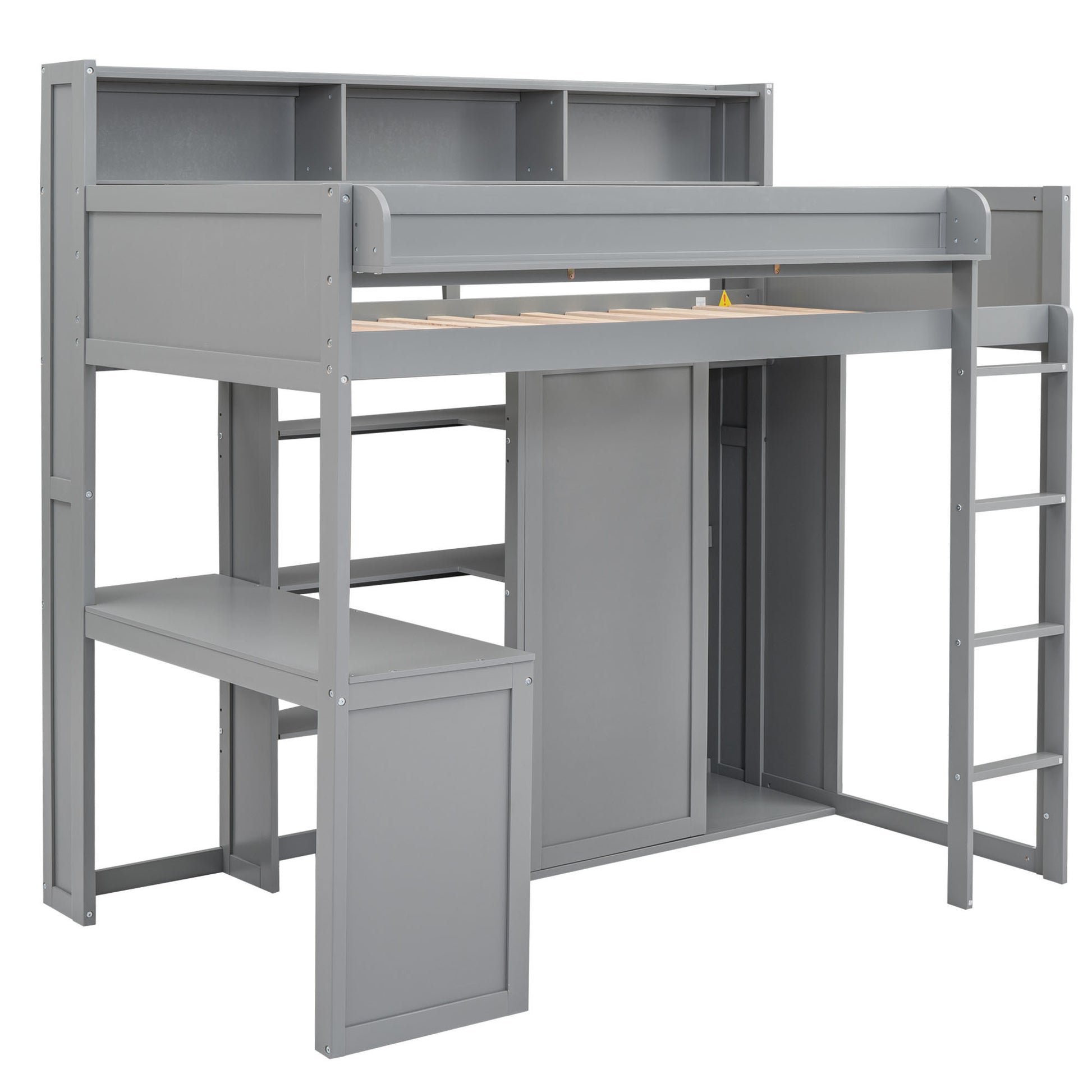 Wood Twin Size Loft Bed With Multiple Storage Shelves And Wardrobe, Gray Box Spring Not Required Twin Gray Wood Bedroom Solid Wood Mdf