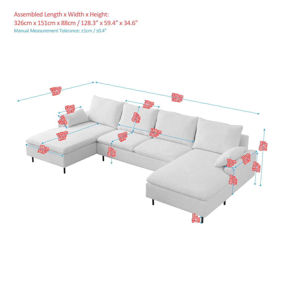 U Shaped Linen Sectional Sofa With Double Chaises,Beige Beige Foam Fabric 4 Seat