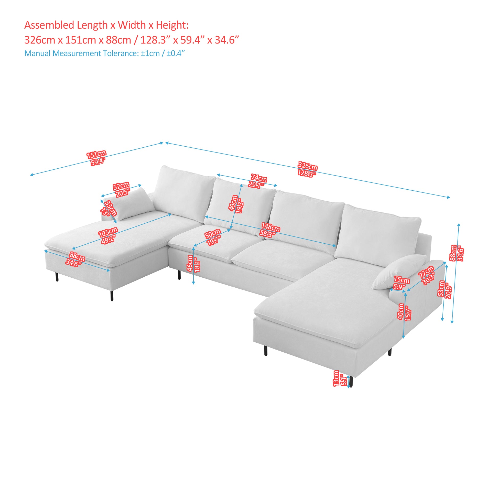 U Shaped Linen Sectional Sofa With Double Chaises,Beige Beige Foam Fabric 4 Seat