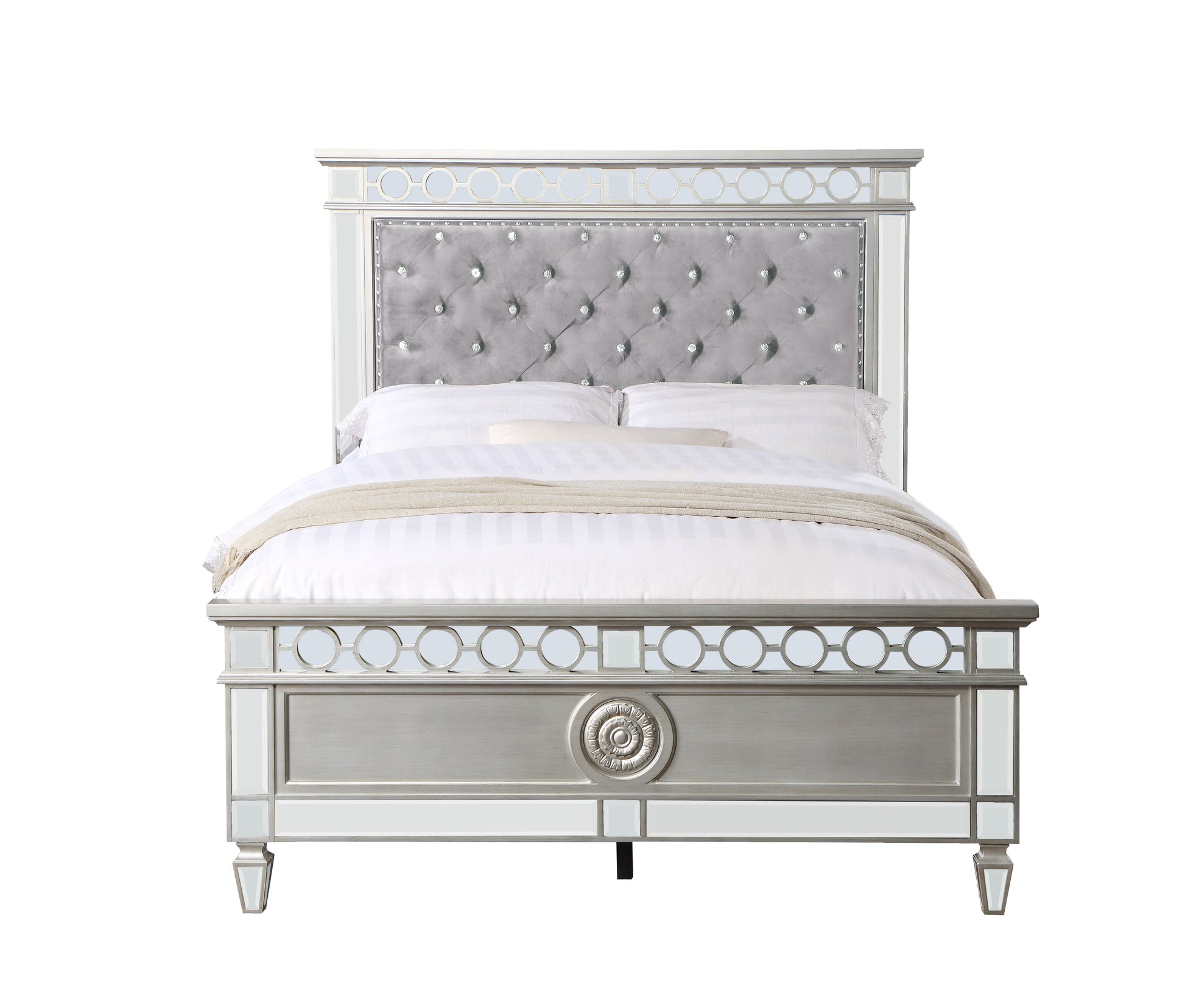 Varian Twin Bed Gray Velvet, Silver & Mirrored Finish Bd01412T Twin Silver Solid Wood Mdf