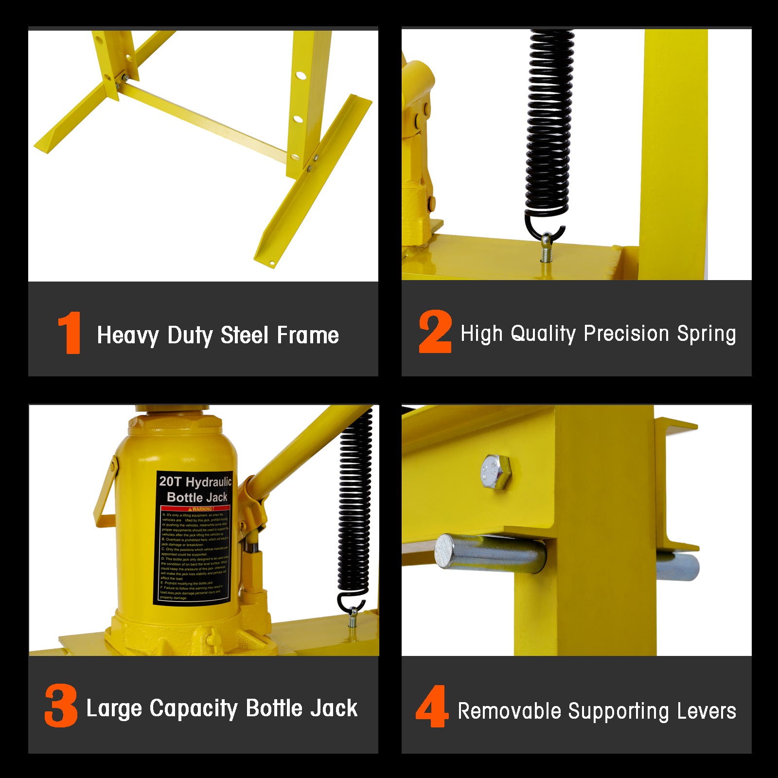 20 Ton Bottle Jack Shop Press, Bend, Straighten, Or Press Parts, Install Bearings, U Joints, Bushings, Ball Joints, And Pulleys,Yellow Yellow Steel