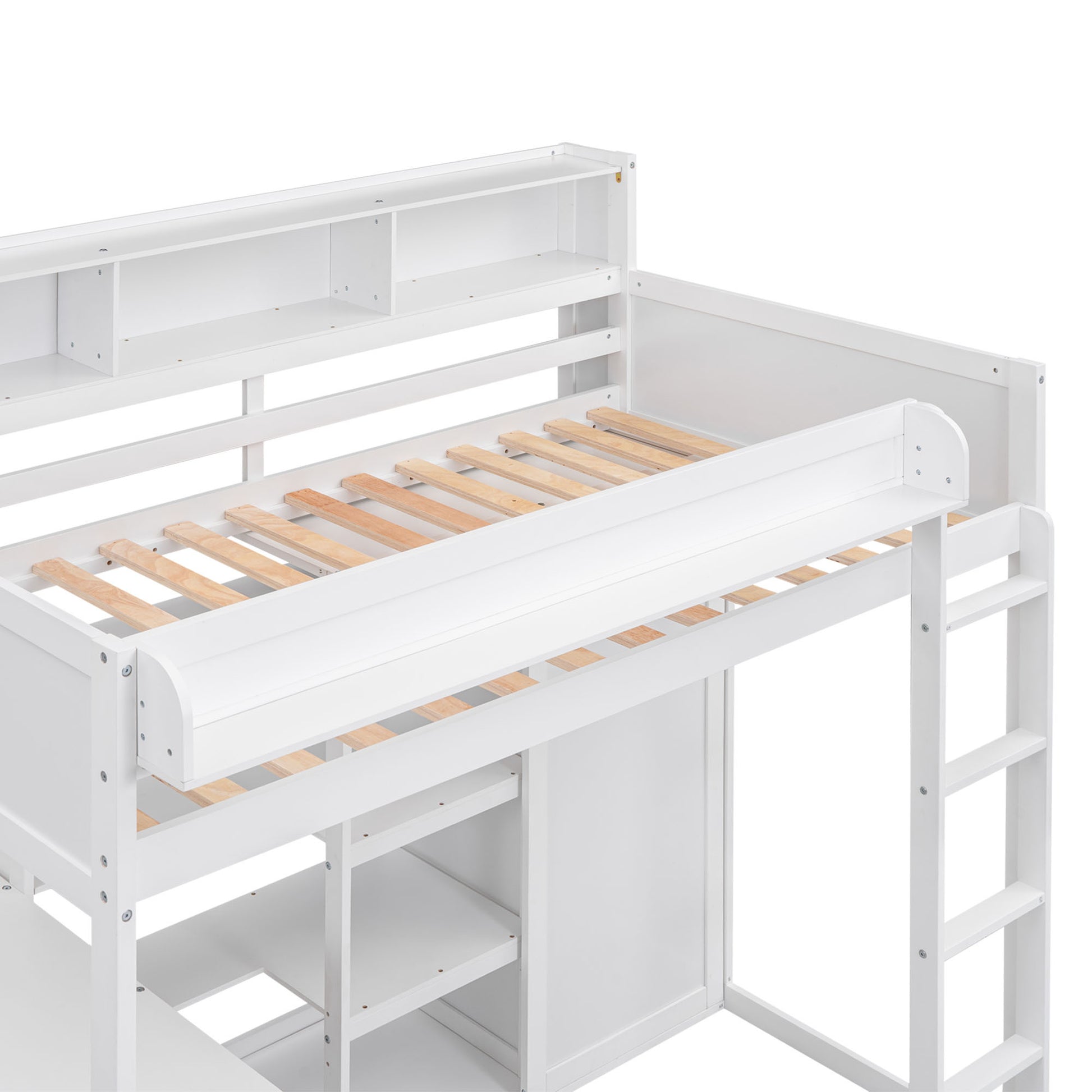 Wood Twin Size Loft Bed With Multiple Storage Shelves And Wardrobe, White Box Spring Not Required Twin White Wood Bedroom Solid Wood Mdf