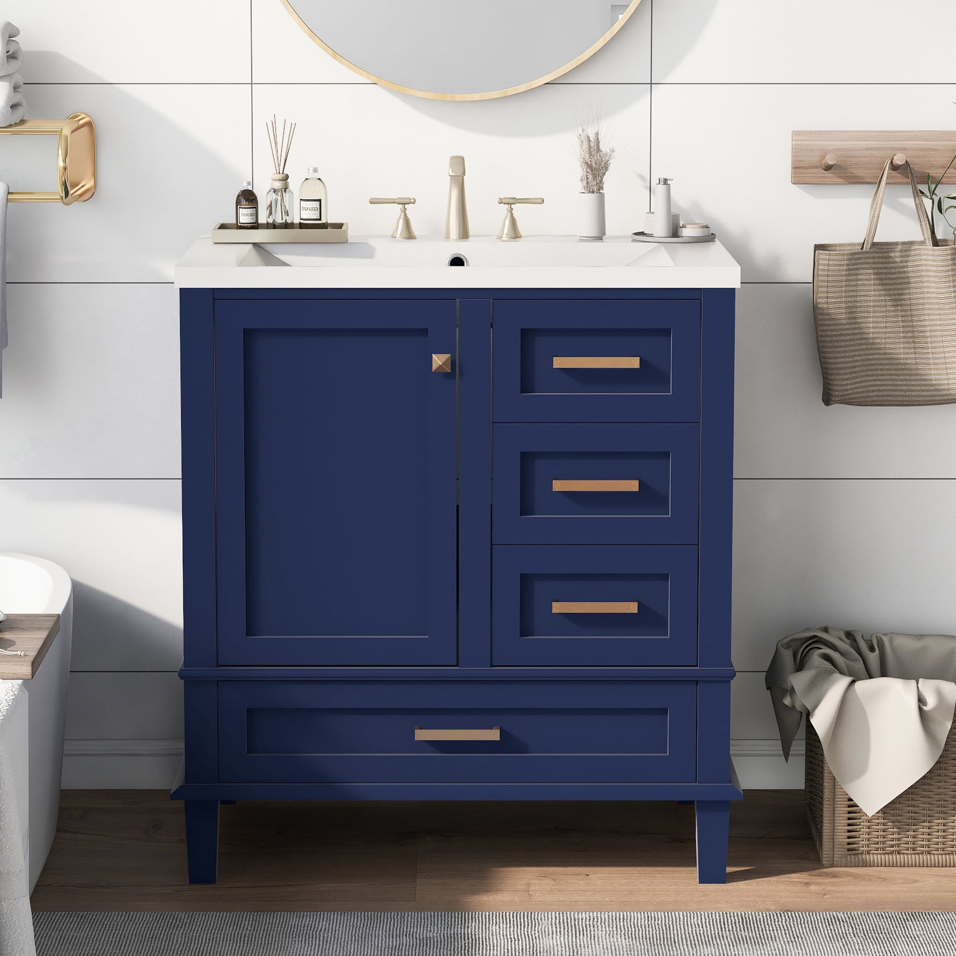 30" Bathroom Vanity, Modern Bathroom Cabinet With Sink Combo Set, Bathroom Storage Cabinet With A Soft Closing Door And 3 Drawers,Solid Wood Frame Resin Basin Blue Solid Wood Mdf