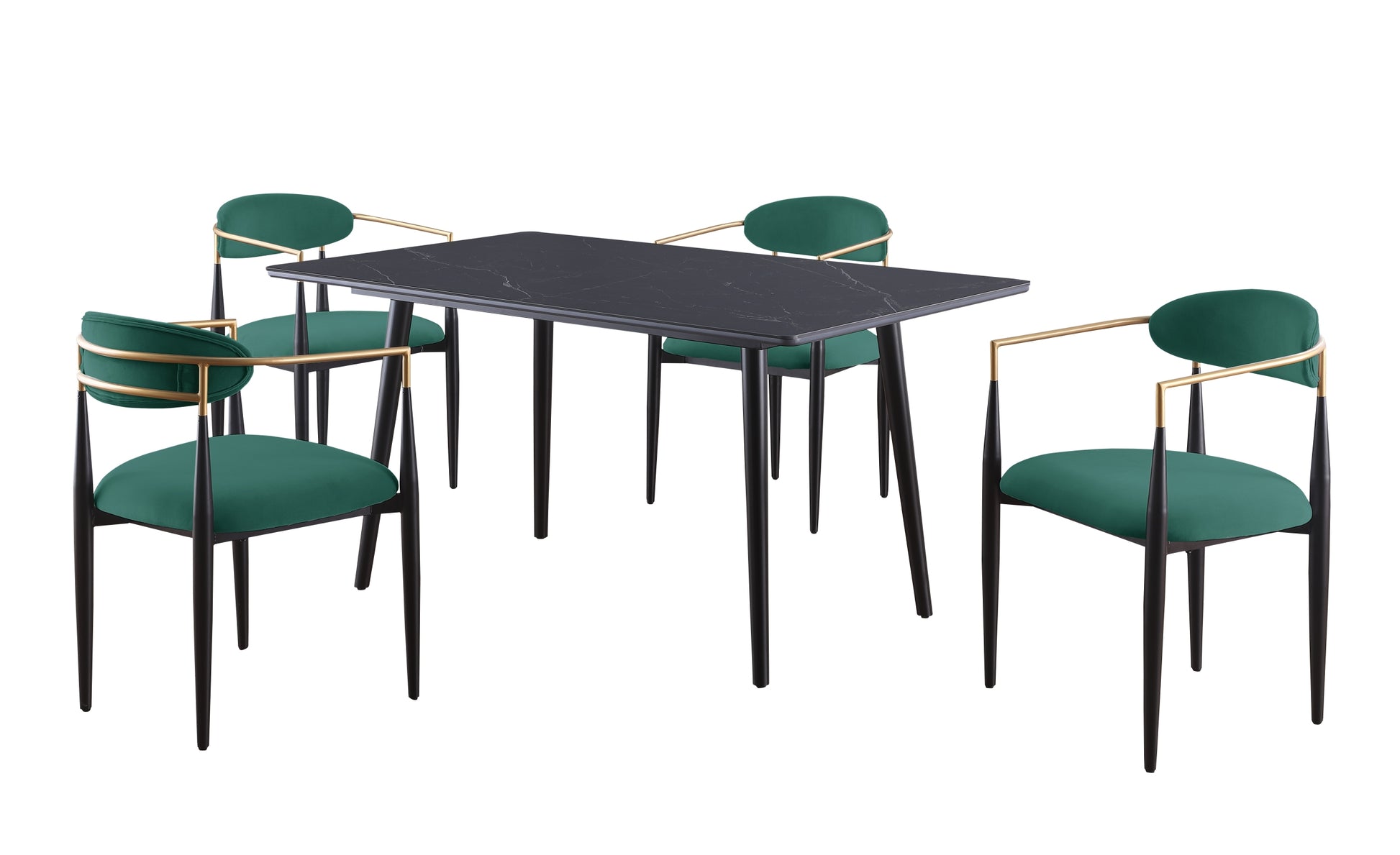 Modern Contemporary 5Pc Dining Set Black Sintered Stone Table And Green Chairs Fabric Upholstered Stylish Furniture Blackish Green Seats 4 Dining Room 60 Inches Contemporary,Modern,Ultra Modern Rectangular Dining Table With Chair Sintered Stone