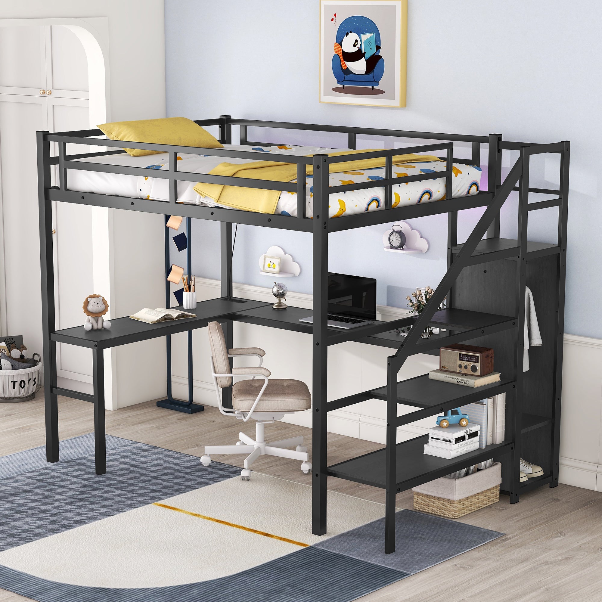 Full Size Loft Bed With L Shaped Desk And Usb, Metal Loft Bed With Wardrobe And Adjustable Shelf, High Loft Bed With Led For Kids Teens Adults, Black Black Metal