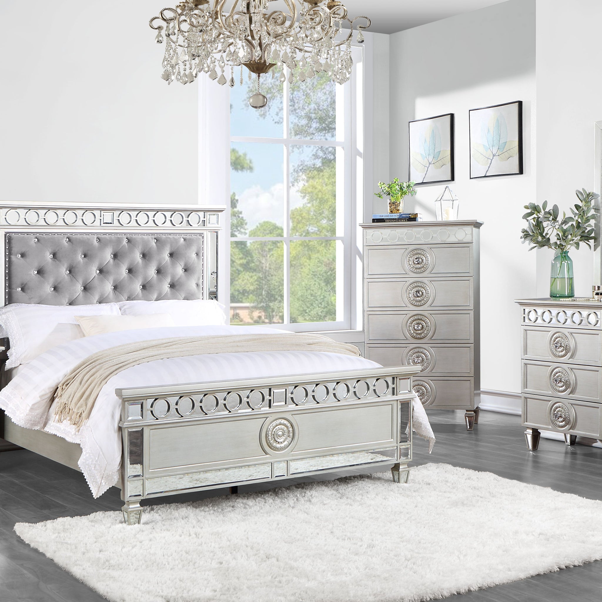 Varian Twin Bed Gray Velvet, Silver & Mirrored Finish Bd01412T Twin Silver Solid Wood Mdf