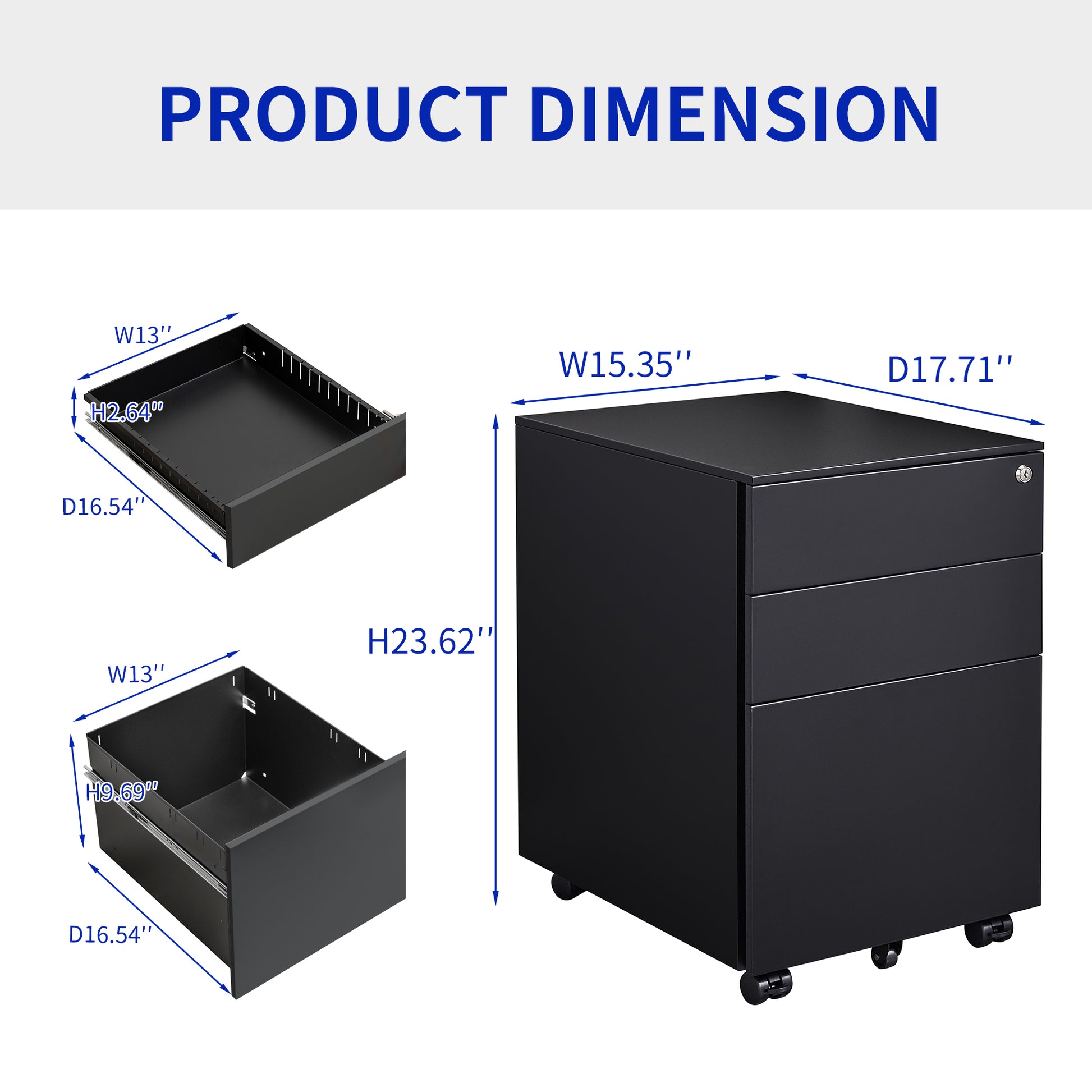 3 Drawer Mobile File Cabinet With Lock Steel File Cabinet For Legal Letter A4 F4 Size, Fully Assembled Except For Wheels, Home Office Design Black Metal