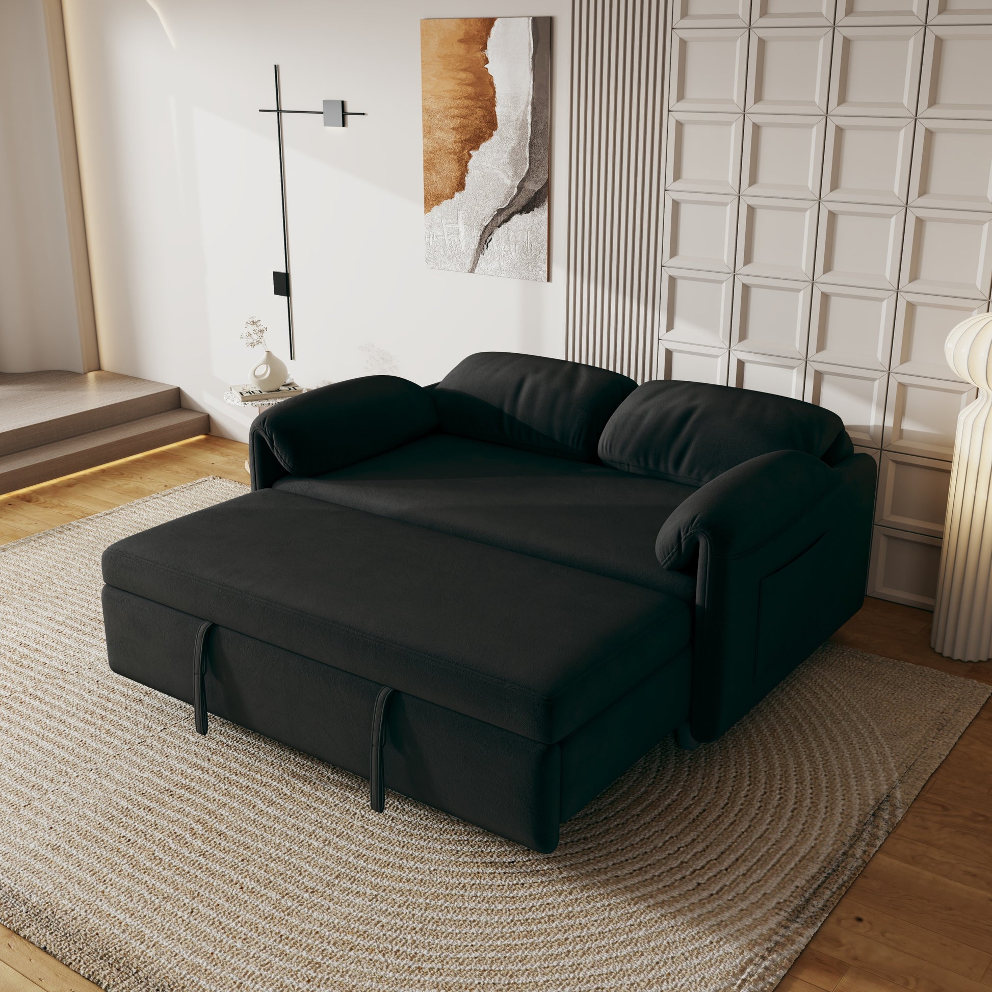 54 Inch Velvet Sofa Sofa Bed Dual Purpose Living Room Retractable Bed Black Sofa Black Velvet