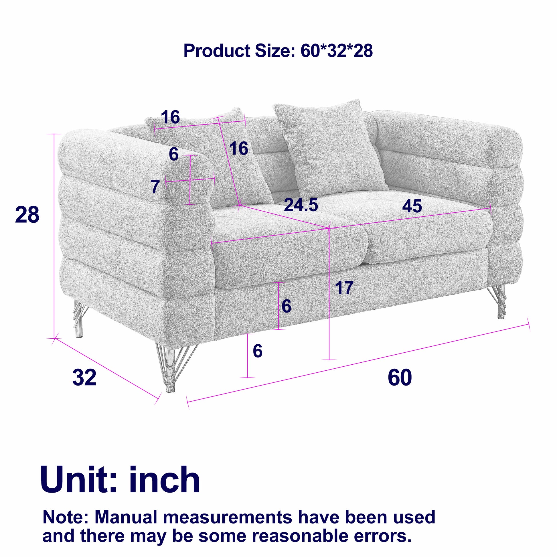 60Inch Oversized 2 Seater Sectional Sofa, Living Room Comfort Fabric Sectional Sofa Deep Seating Sectional Sofa, Soft Sitting With 2 Pillows For Living Room,Bedroom,Office,Orange Teddy W834S00031 Orange Primary Living Space American Design Foam Fabric 2