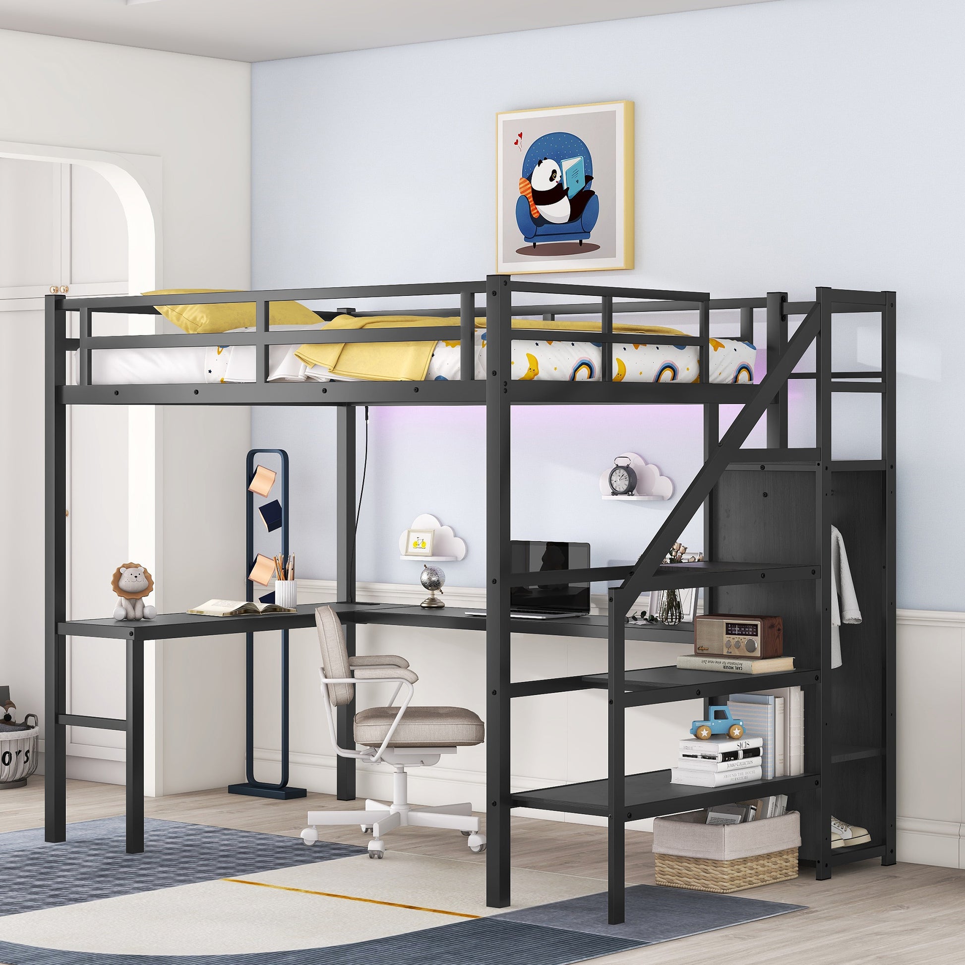 Full Size Loft Bed With L Shaped Desk And Usb, Metal Loft Bed With Wardrobe And Adjustable Shelf, High Loft Bed With Led For Kids Teens Adults, Black Black Metal