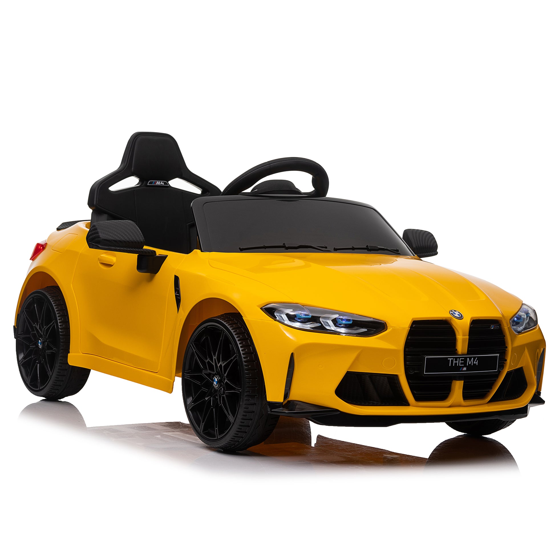 Bmw M4 12V Kids Ride On Toy Car 2.4G W Parents Remote Control,Three Speed Adjustable,Power Display, Usb,Mp3 ,Bluetooth,Led Light,Story,A Handle With Wheels And A Pull, Easy To Carry Yellow Polyethylene