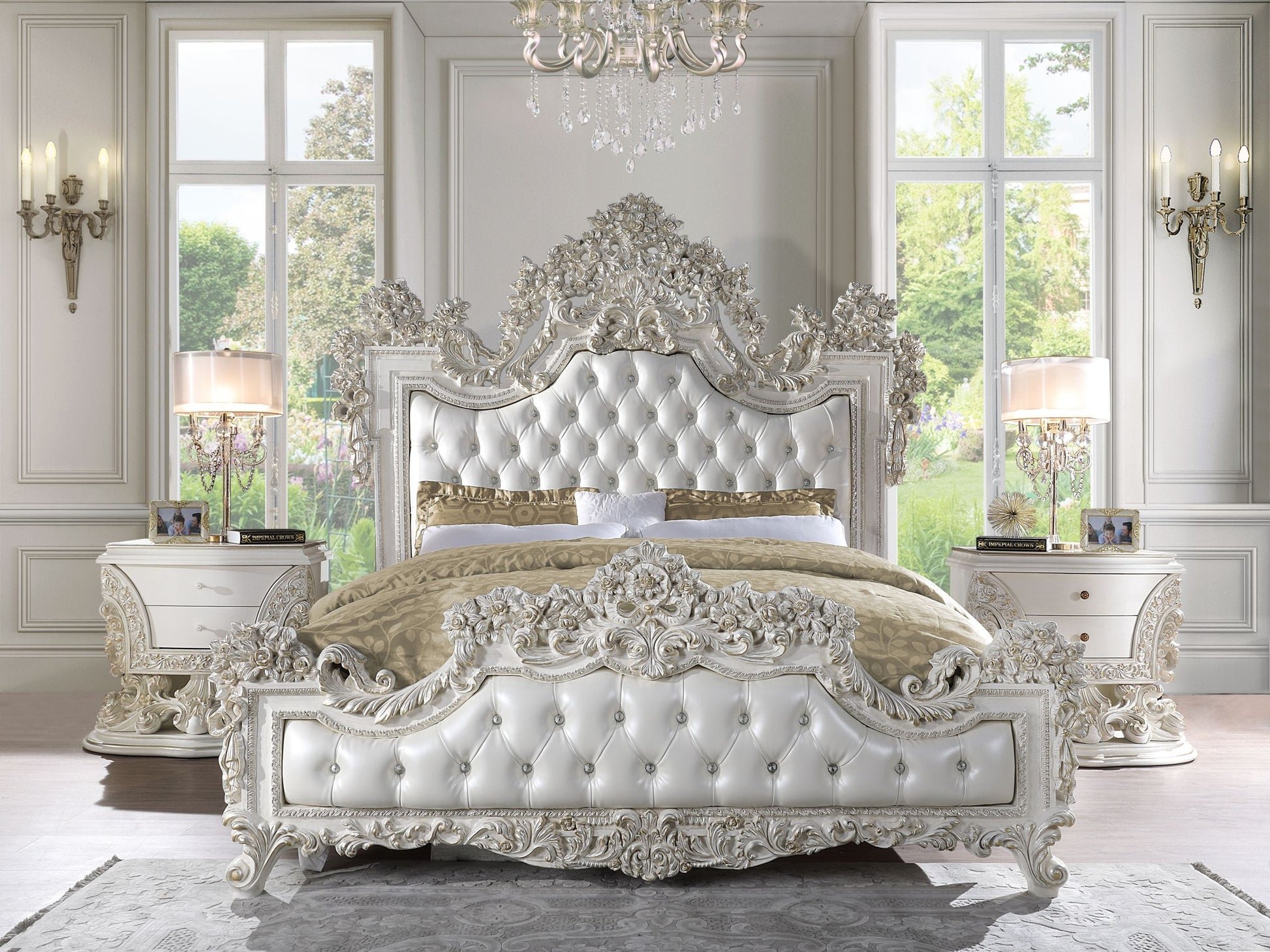 Adara Ek Bed Pearl White Pu & Antique White Finish Bd01248Ek Antique White Pu