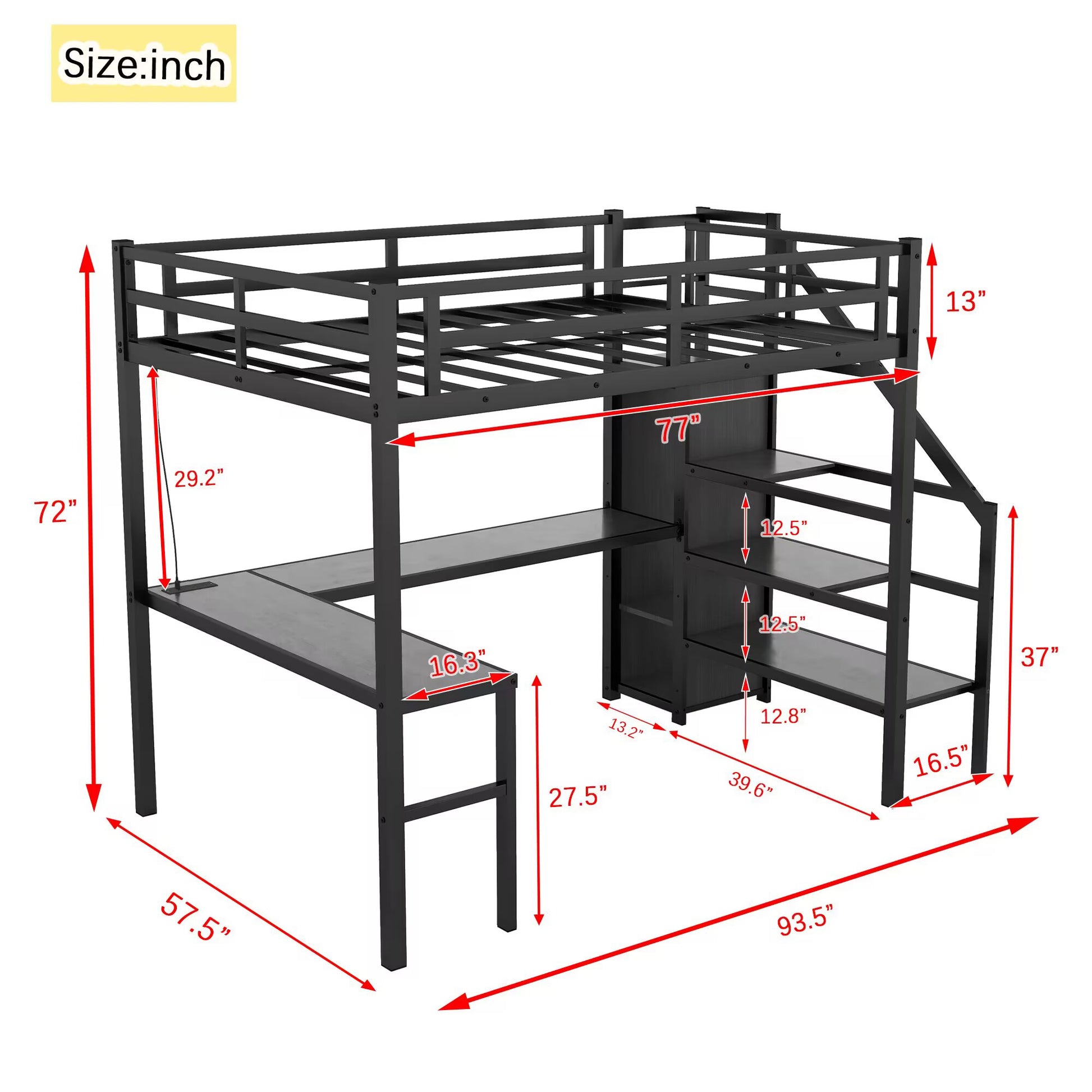 Full Size Loft Bed With L Shaped Desk And Usb, Metal Loft Bed With Wardrobe And Adjustable Shelf, High Loft Bed With Led For Kids Teens Adults, Black Black Metal