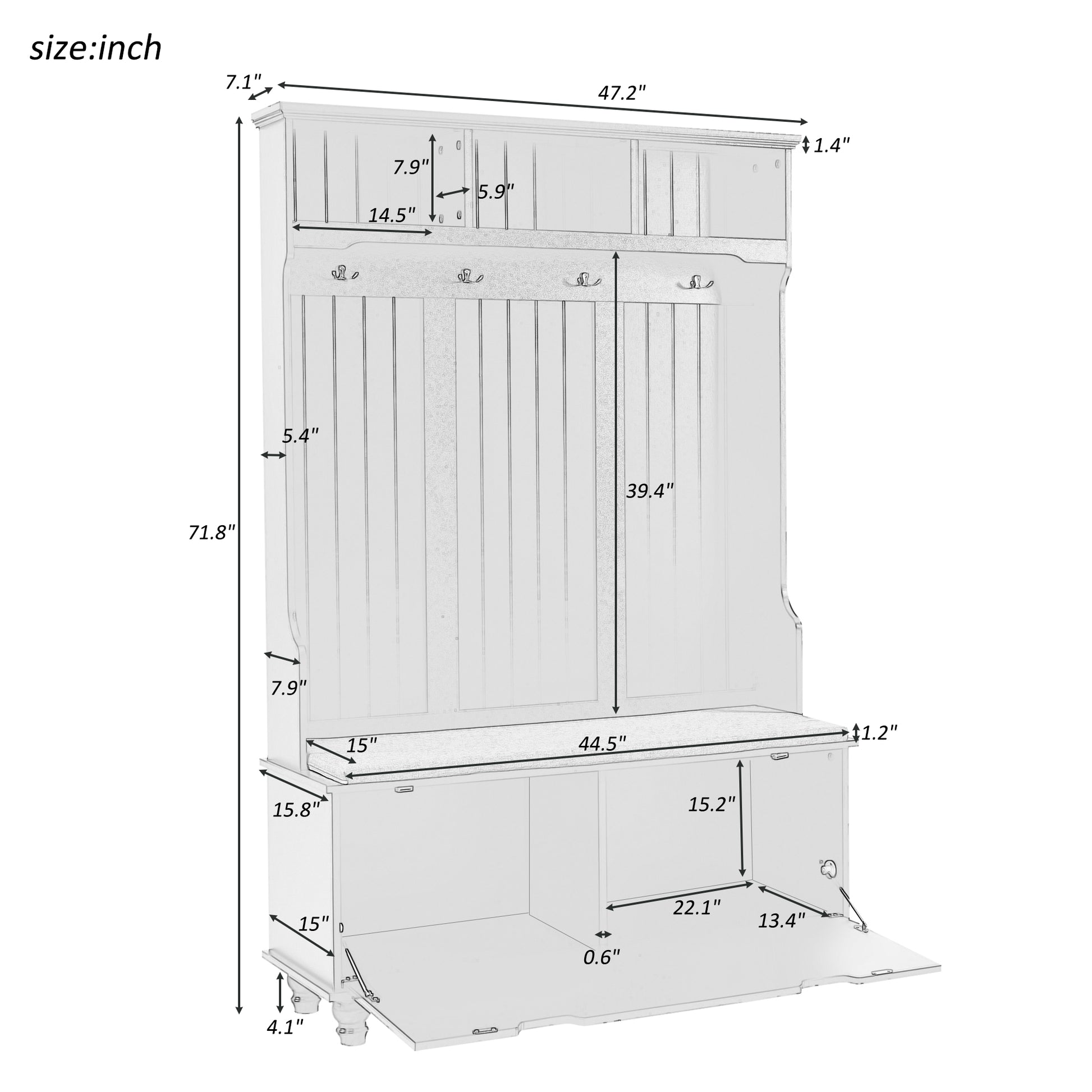 4 In 1 Entryway Bench With Coat Rack, Cushion And 4 Sturdy Hooks, 47.2'' Wide Hall Tree With Storage Bench For Hallway, Entryway, Living Room White Mdf