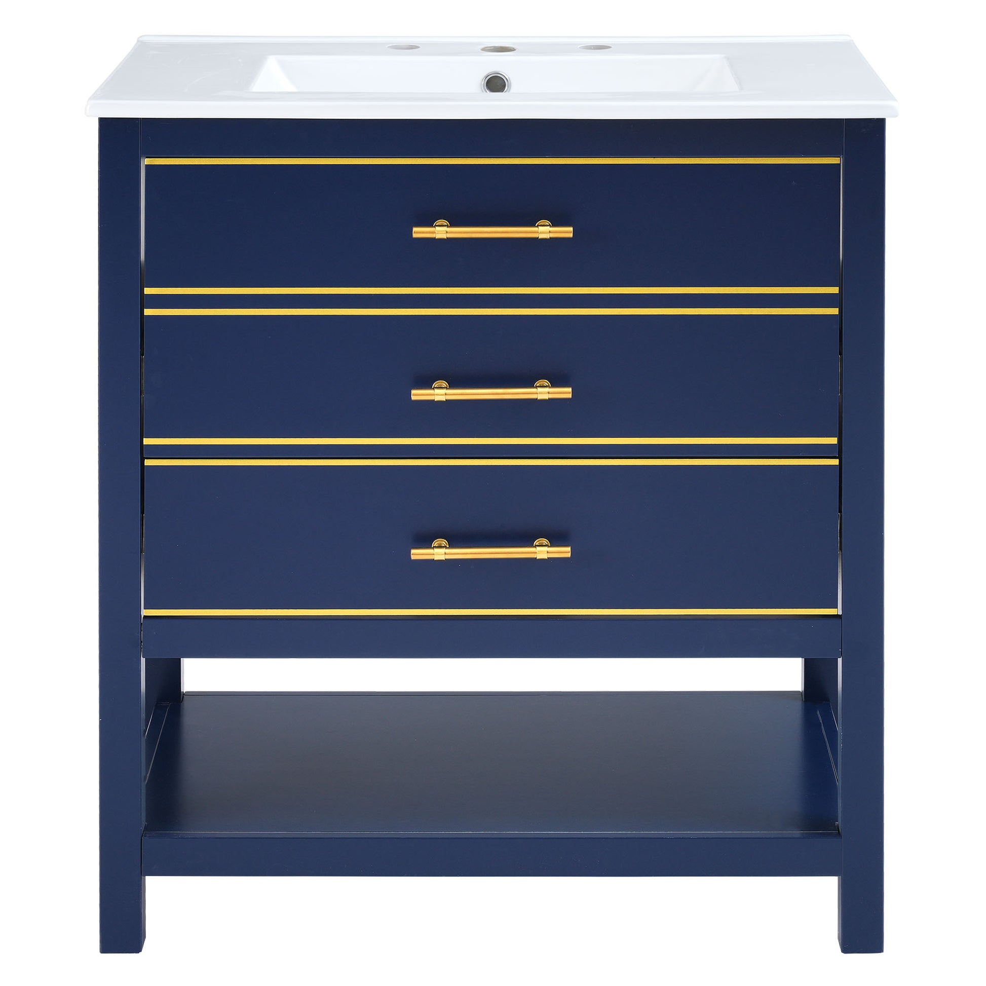 Viedo Modern 30Inch Navy Blue White Bathroom Vanity Cabinet Combo With Openstorge, Two Drawers Blue Solid Wood Mdf