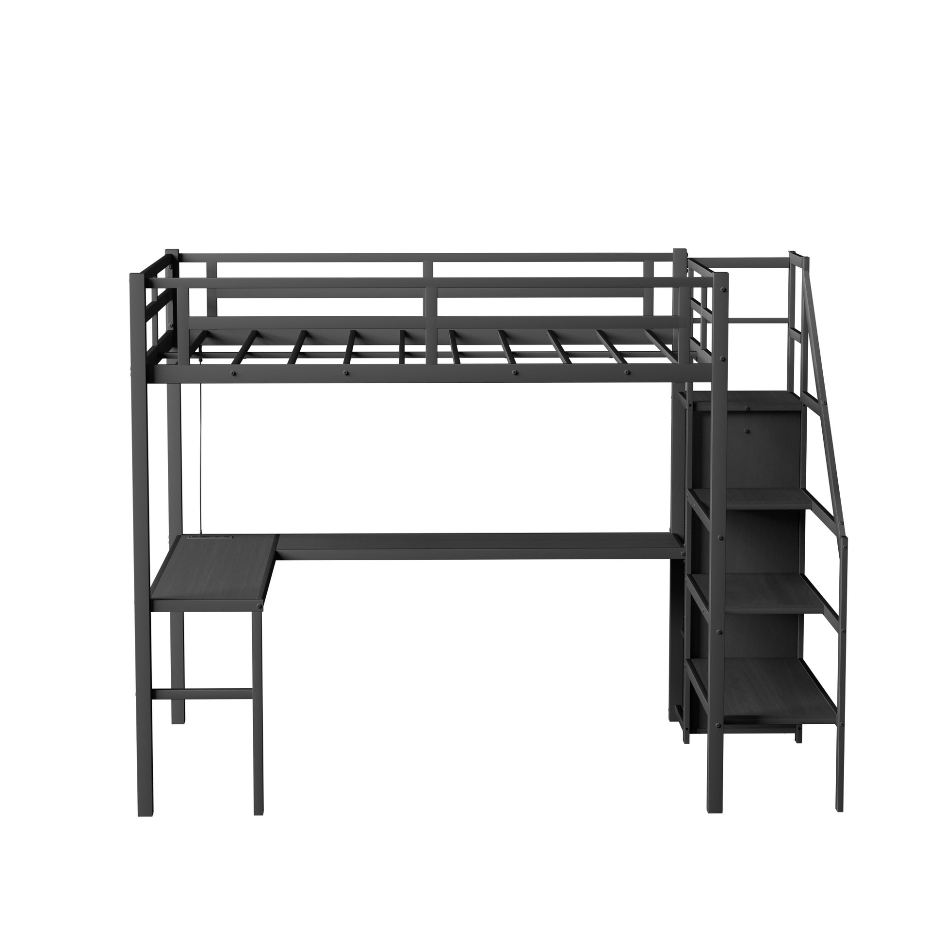 Full Size Loft Bed With L Shaped Desk And Usb, Metal Loft Bed With Wardrobe And Adjustable Shelf, High Loft Bed With Led For Kids Teens Adults, Black Black Metal