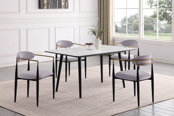 Modern Contemporary 5Pc Dining Set White Sintered Stone Table And Gray Chairs Fabric Upholstered Stylish Furniture White Gray Seats 4 Dining Room 60 Inches Contemporary,Modern,Ultra Modern Rectangular Dining Table With Chair Sintered Stone