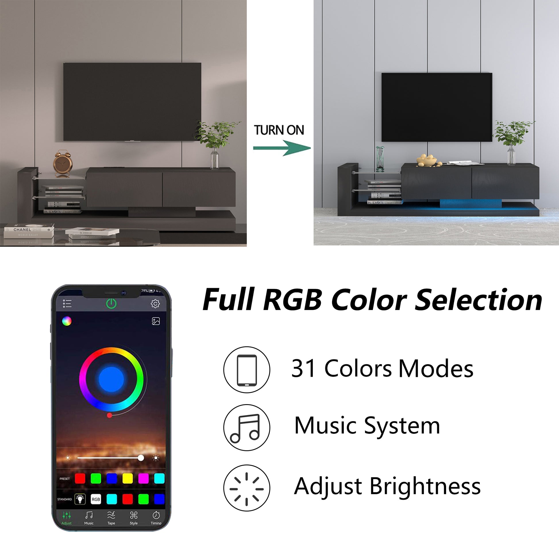 Tv Console With Storage Cabinets, Full Rgb Color 31 Modes Changing Lights Remote Rgb Led Tv Stand, Modern Entertainment Center Black, For 75 Inches Tv Black Primary Living Space 75 Inches Modern 75 Inches Particle Board Particle Board