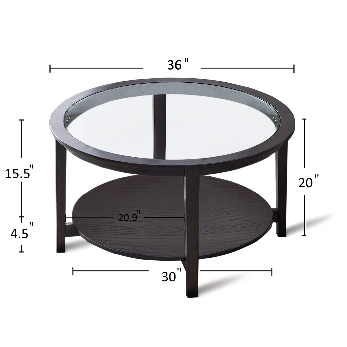 Round Glass Top Solid Wood Storage Coffee Table, Black Black Wood Glass