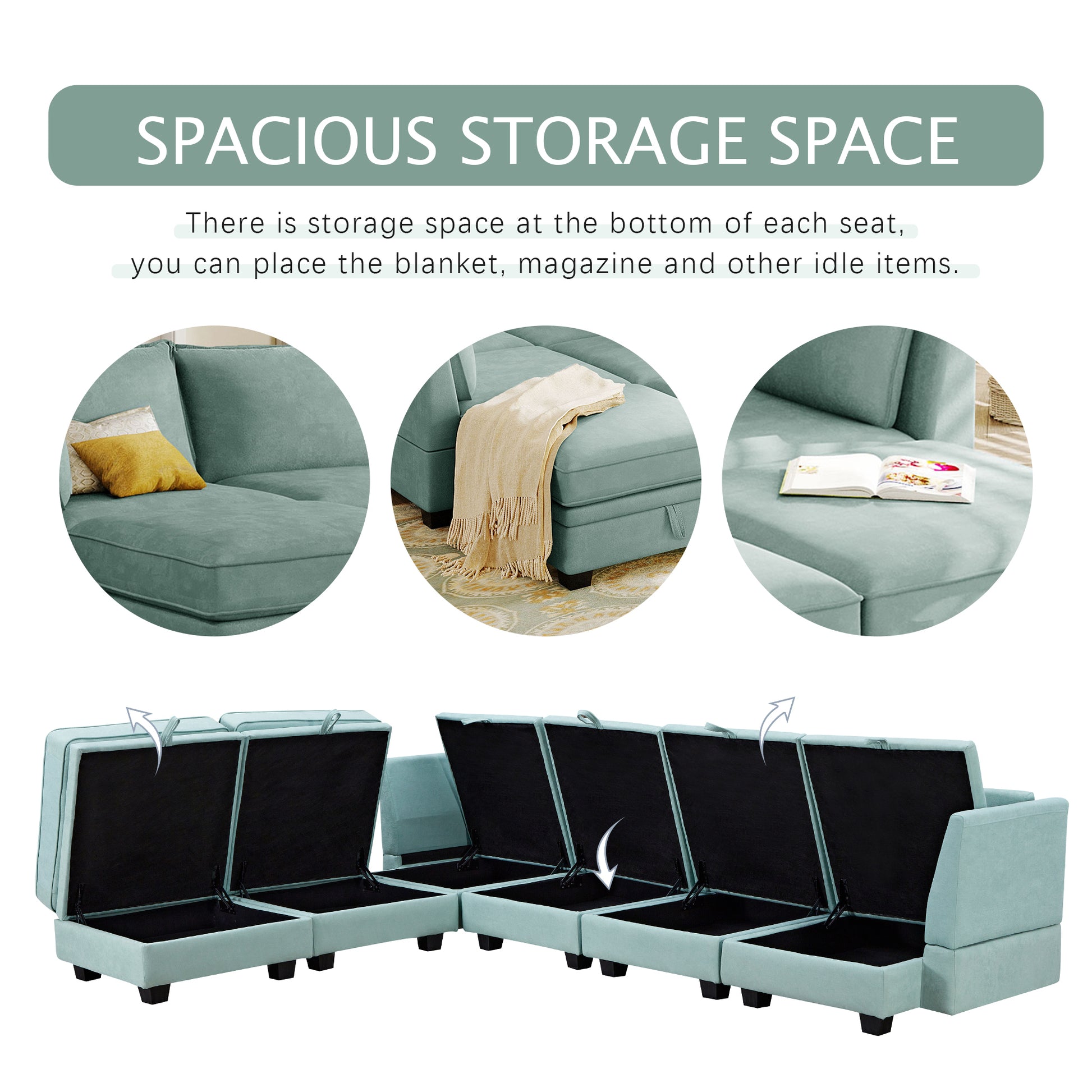 Modern Large U Shape Modular Sectional Sofa, Convertible Sofa Bed With Reversible Chaise For Living Room, Storage Seat Light Green Linen