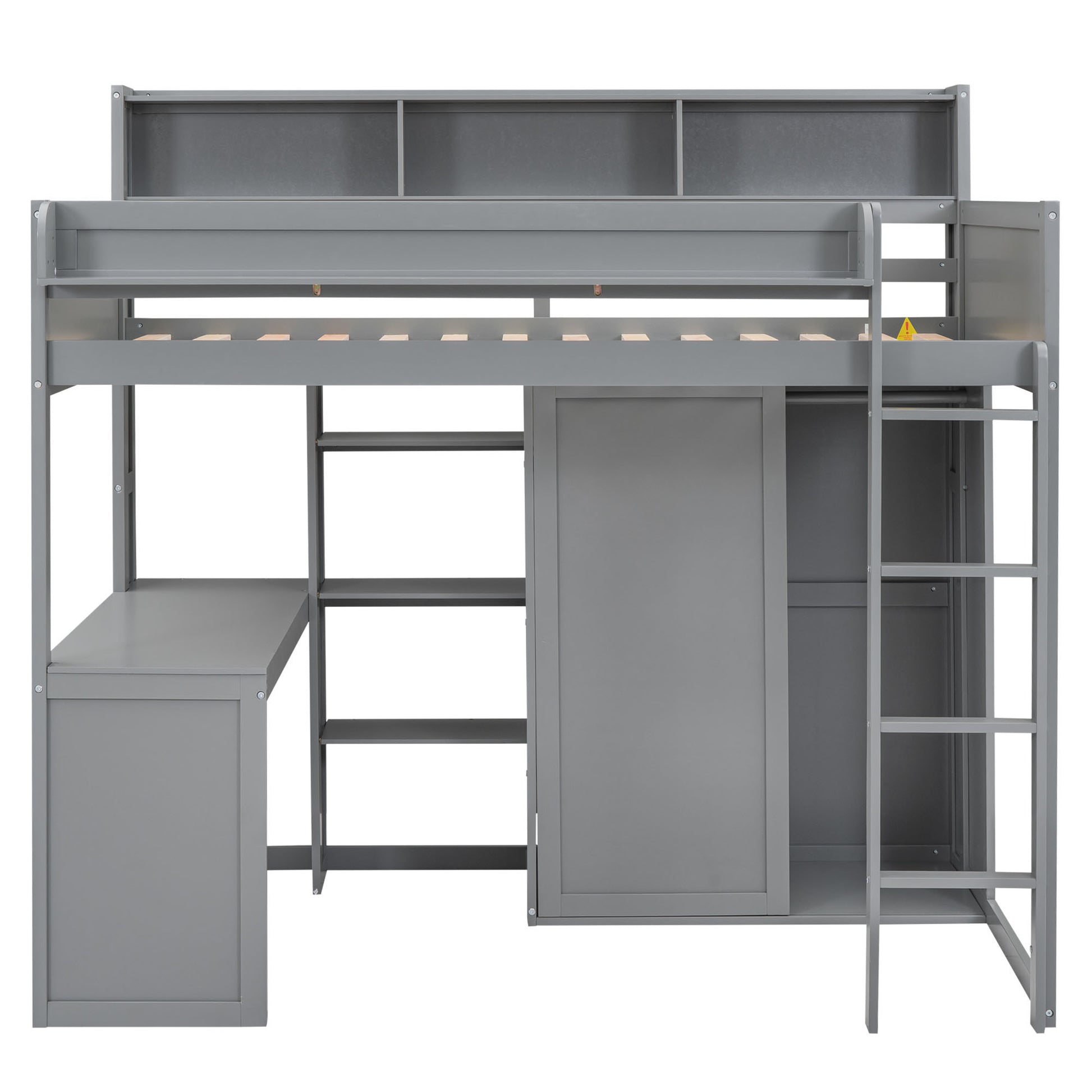 Wood Twin Size Loft Bed With Multiple Storage Shelves And Wardrobe, Gray Box Spring Not Required Twin Gray Wood Bedroom Solid Wood Mdf