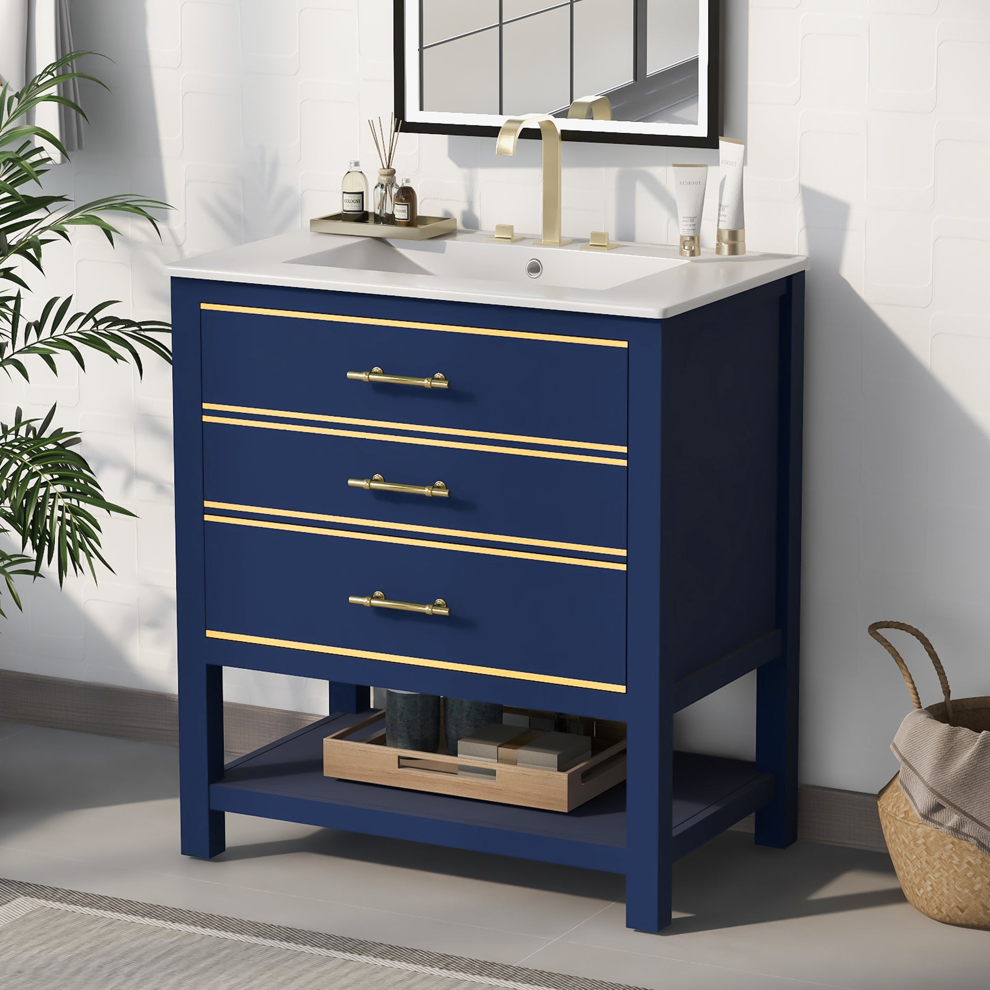 Viedo Modern 30Inch Navy Blue White Bathroom Vanity Cabinet Combo With Openstorge, Two Drawers Blue Solid Wood Mdf