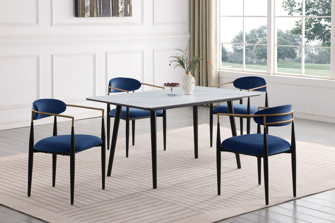 Modern Contemporary 5Pc Dining Set White Sintered Stone Table And Blue Chairs Fabric Upholstered Stylish Furniture White Blue Seats 4 Dining Room 60 Inches Contemporary,Modern,Ultra Modern Rectangular Dining Table With Chair Sintered Stone