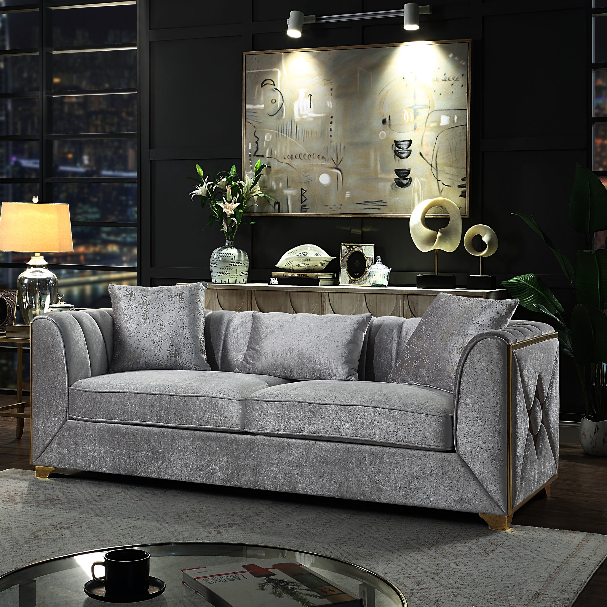 Velencia Modern Style Sofa Made With Wood In Silver Silver Velvet Wood Primary Living Space Modern Upholstered Wood 3 Seat