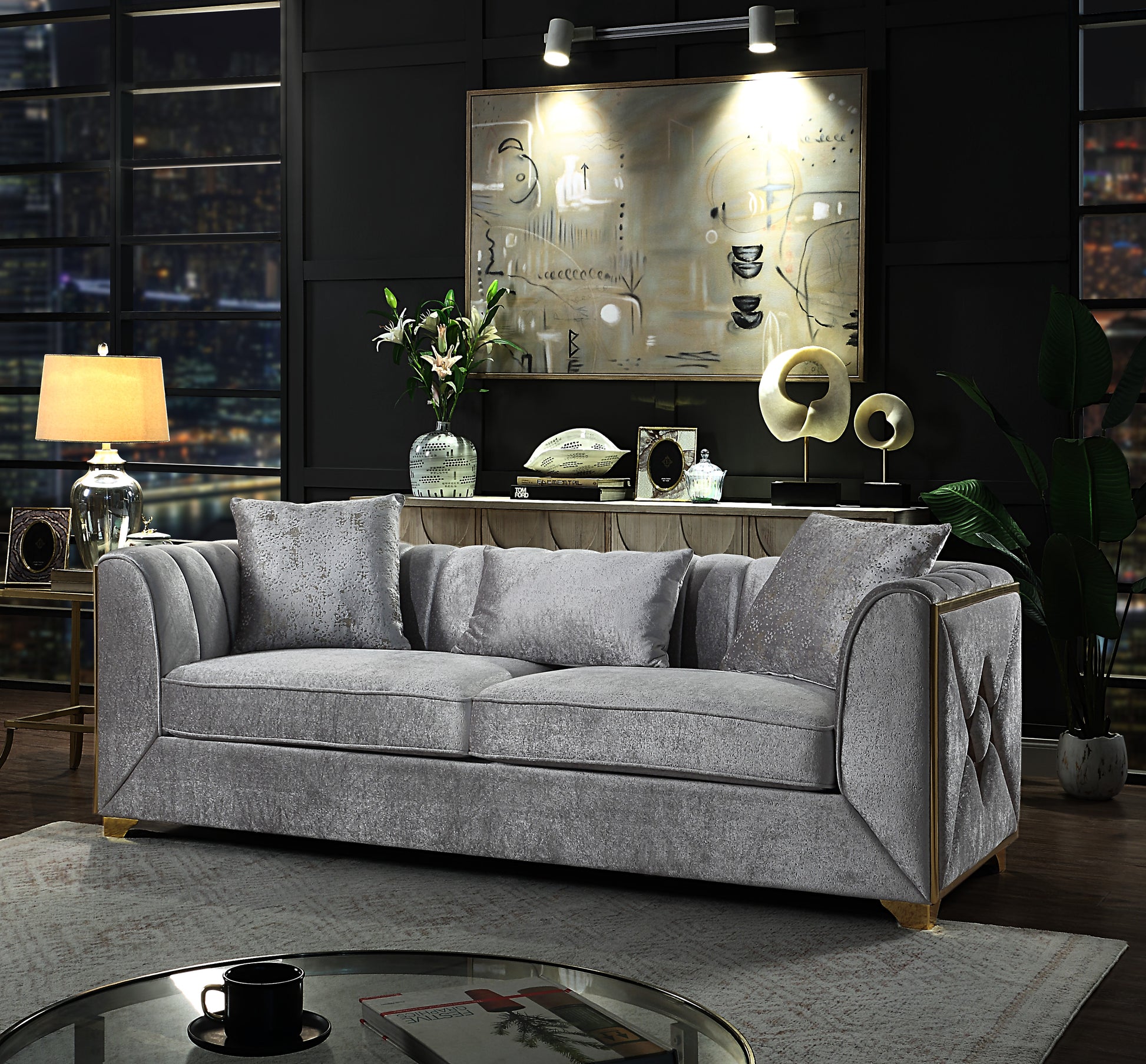 Velencia Modern Style Sofa Made With Wood In Silver Silver Velvet Wood Primary Living Space Modern Upholstered Wood 3 Seat