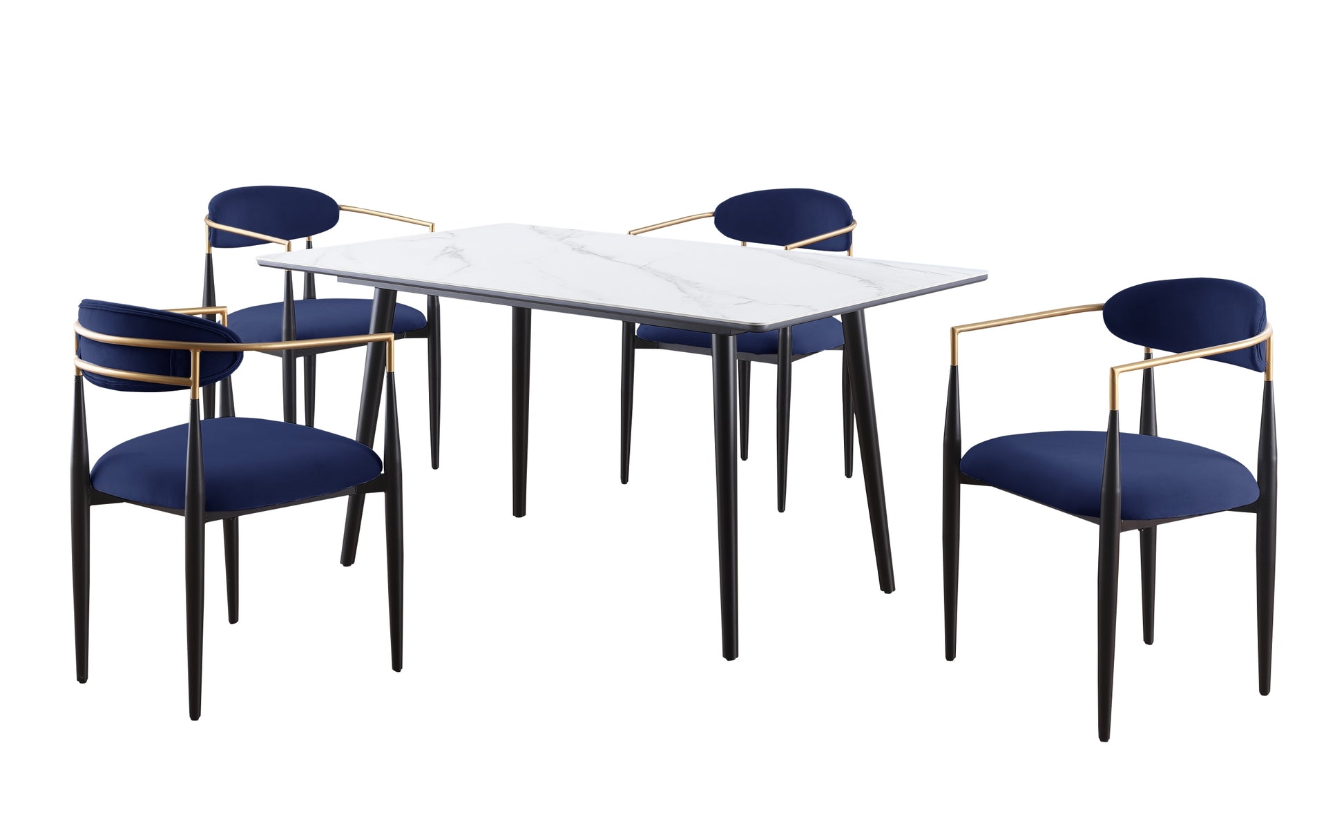 Modern Contemporary 5Pc Dining Set White Sintered Stone Table And Blue Chairs Fabric Upholstered Stylish Furniture White Blue Seats 4 Dining Room 60 Inches Contemporary,Modern,Ultra Modern Rectangular Dining Table With Chair Sintered Stone